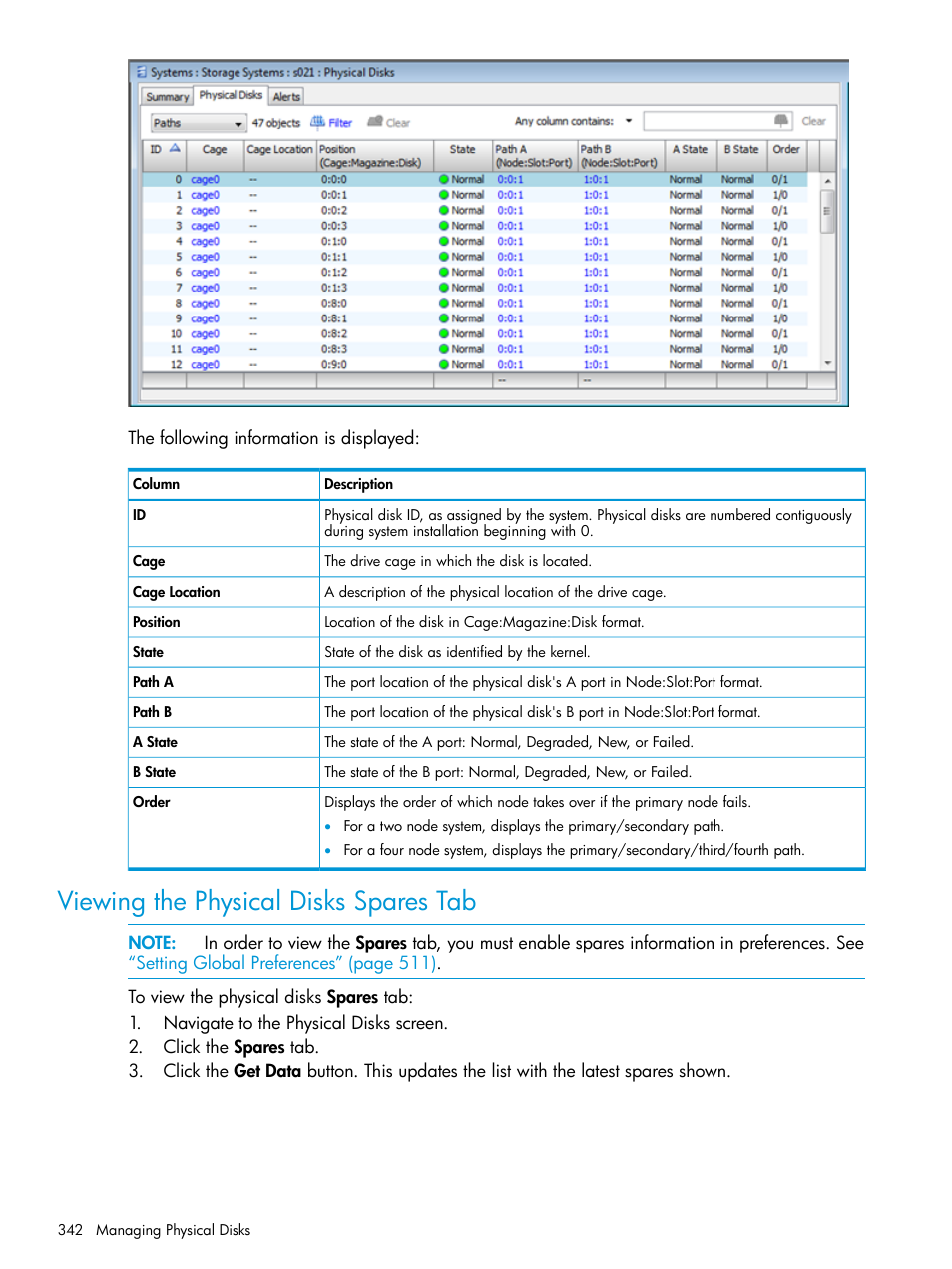 Viewing the physical disks spares tab | HP 3PAR Operating System Software User Manual | Page 342 / 524