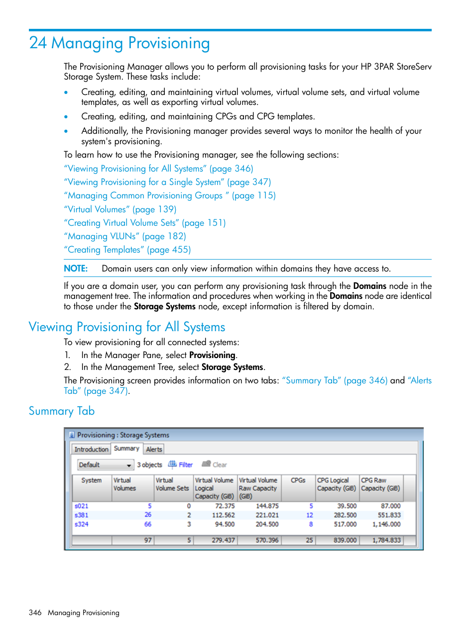 24 managing provisioning, Viewing provisioning for all systems, Summary tab | HP 3PAR Operating System Software User Manual | Page 346 / 524