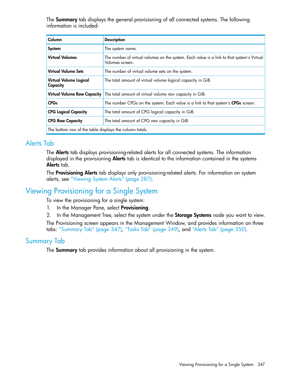 Alerts tab, Viewing provisioning for a single system, Summary tab | Alerts | HP 3PAR Operating System Software User Manual | Page 347 / 524