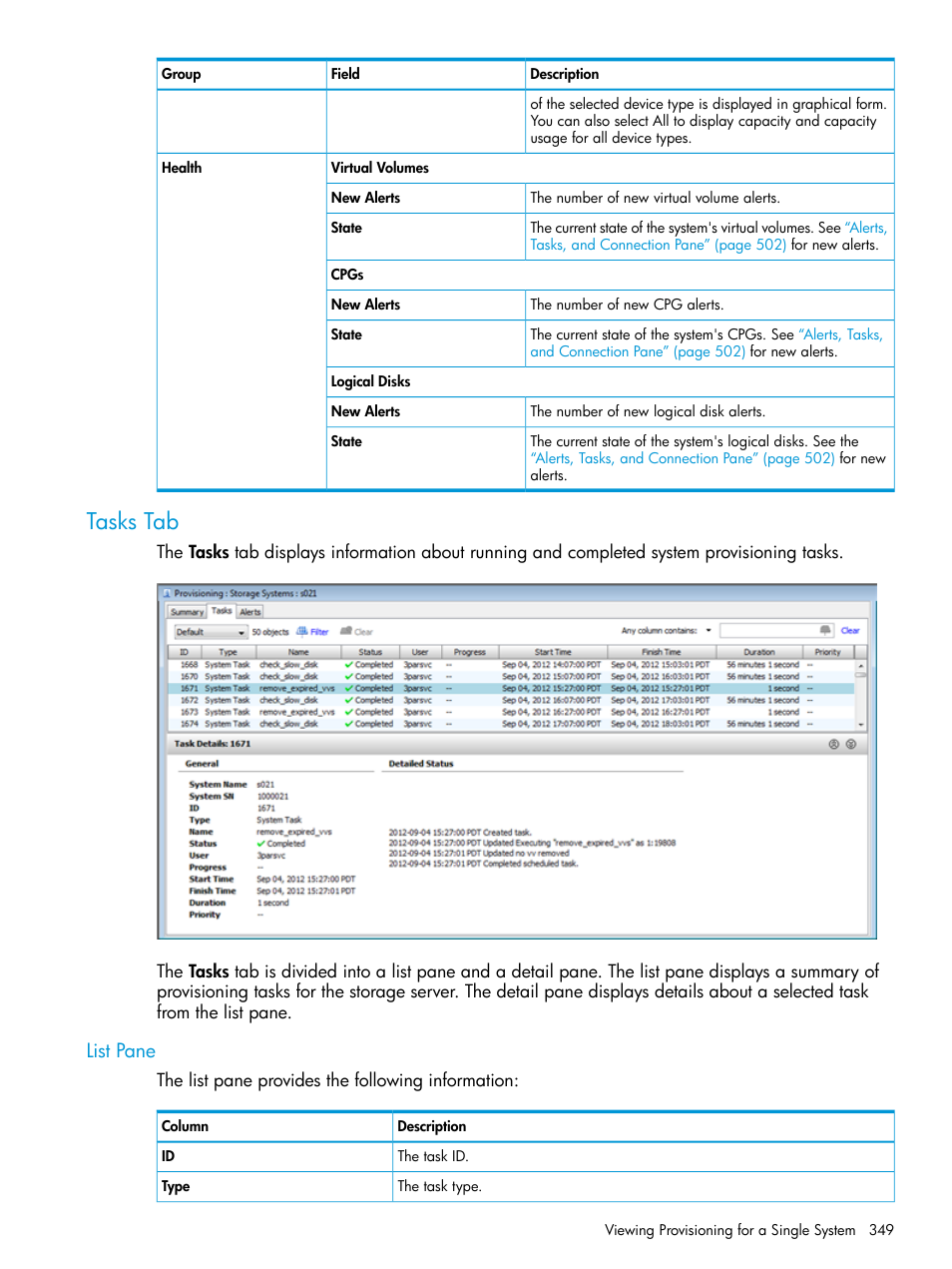 Tasks tab, List pane | HP 3PAR Operating System Software User Manual | Page 349 / 524