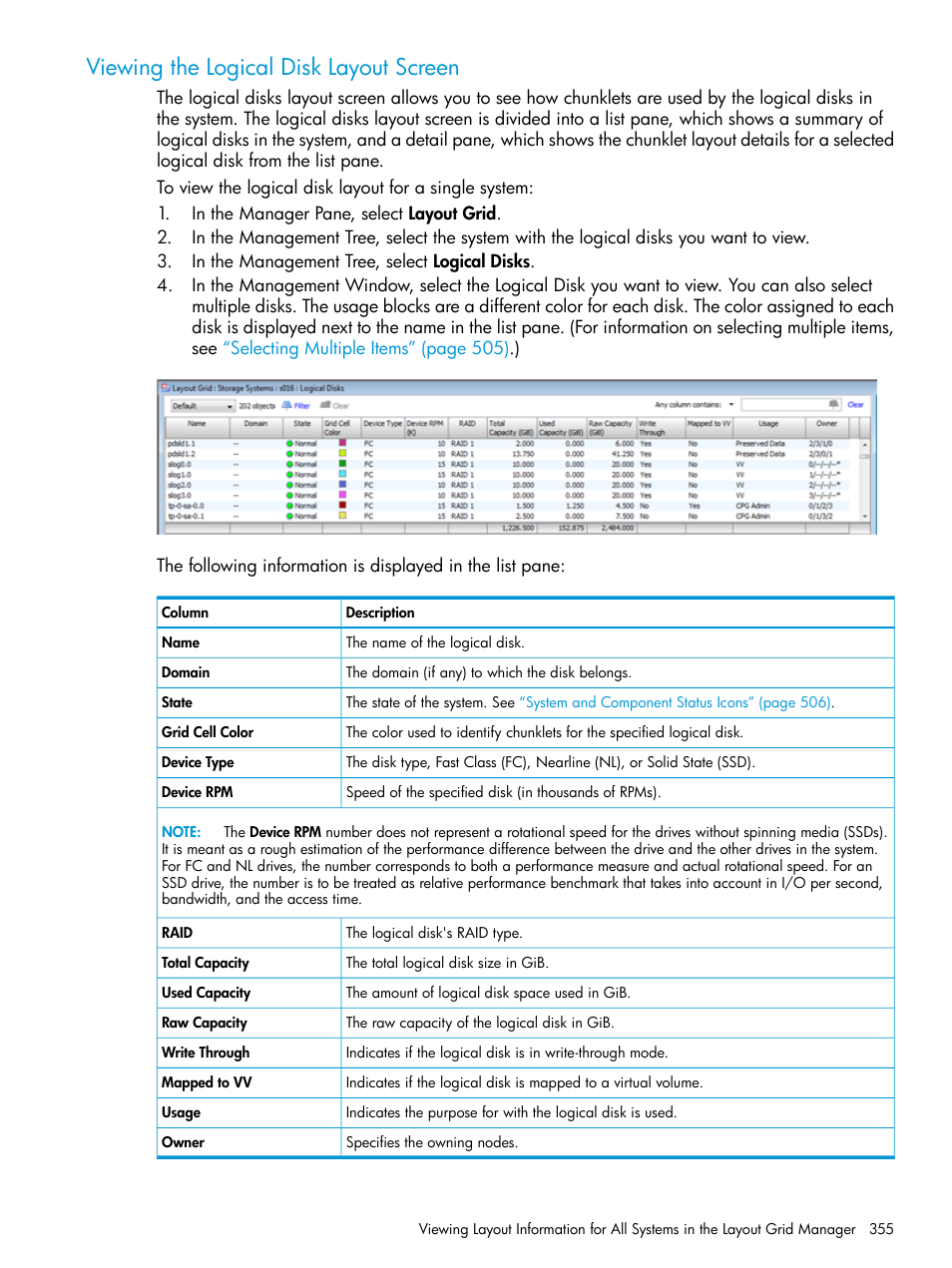 Viewing the logical disk layout screen | HP 3PAR Operating System Software User Manual | Page 355 / 524