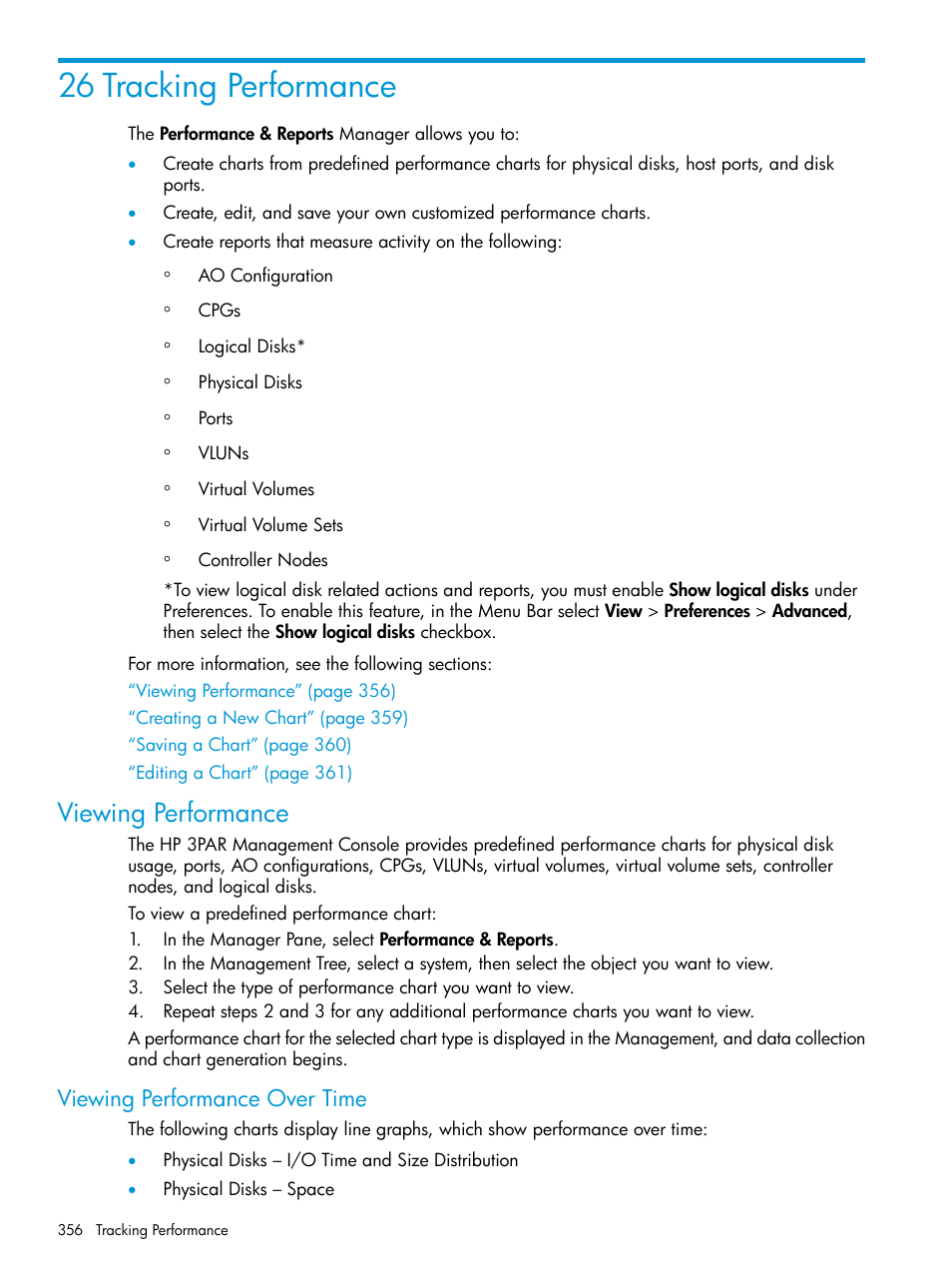 26 tracking performance, Viewing performance, Viewing performance over time | HP 3PAR Operating System Software User Manual | Page 356 / 524