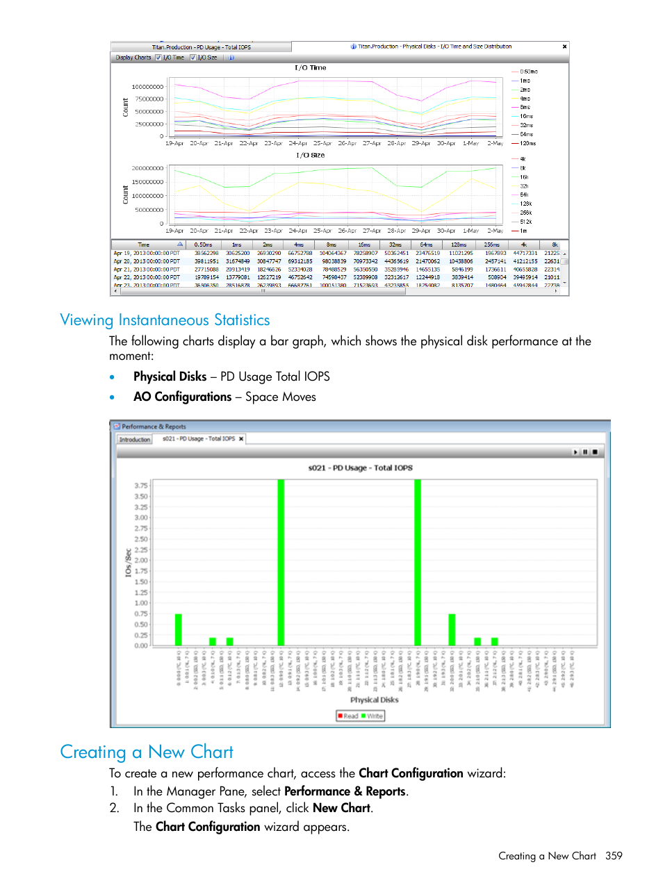 Viewing instantaneous statistics, Creating a new chart | HP 3PAR Operating System Software User Manual | Page 359 / 524