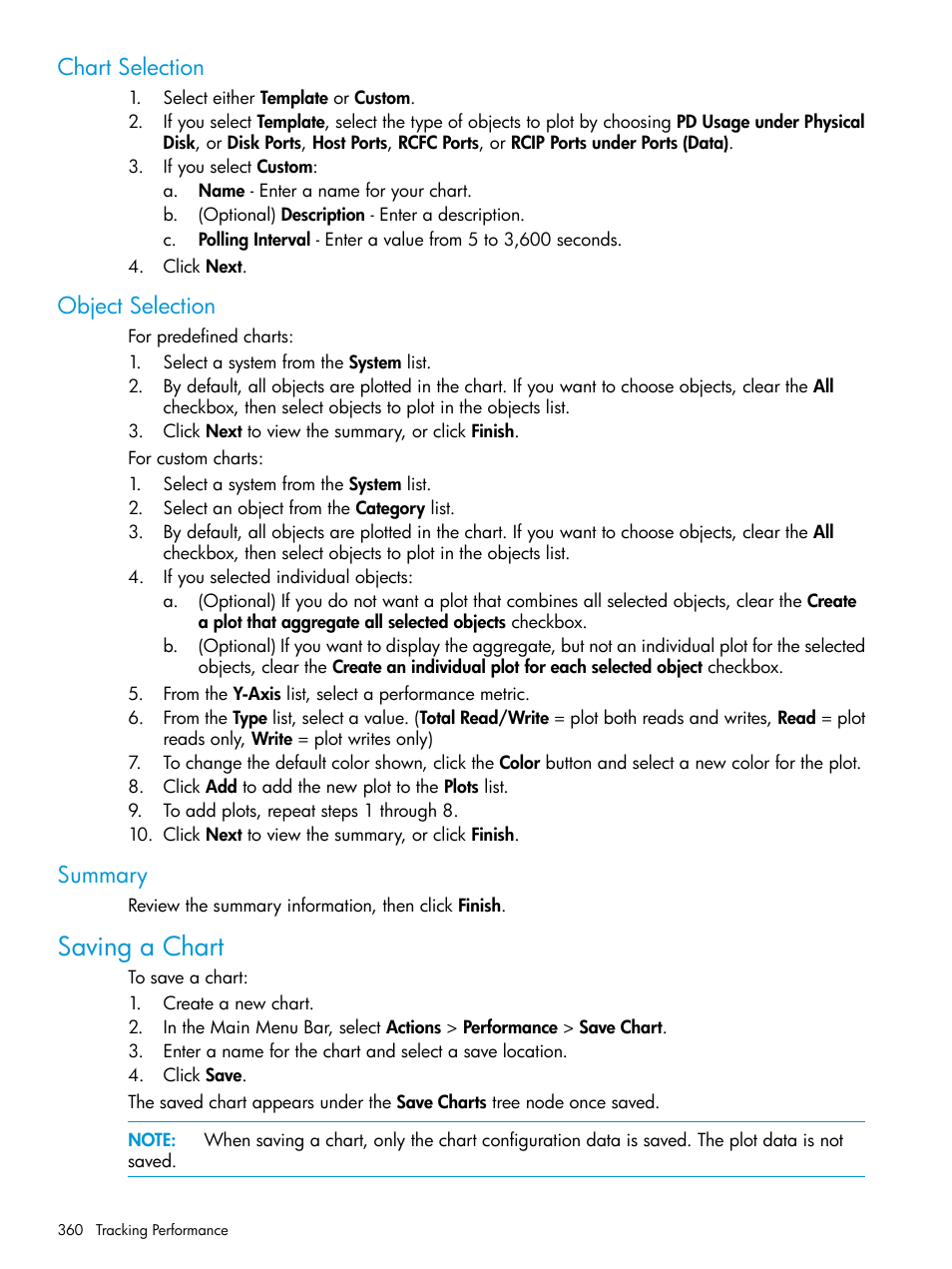 Chart selection, Object selection, Summary | Saving a chart, Chart selection object selection summary | HP 3PAR Operating System Software User Manual | Page 360 / 524