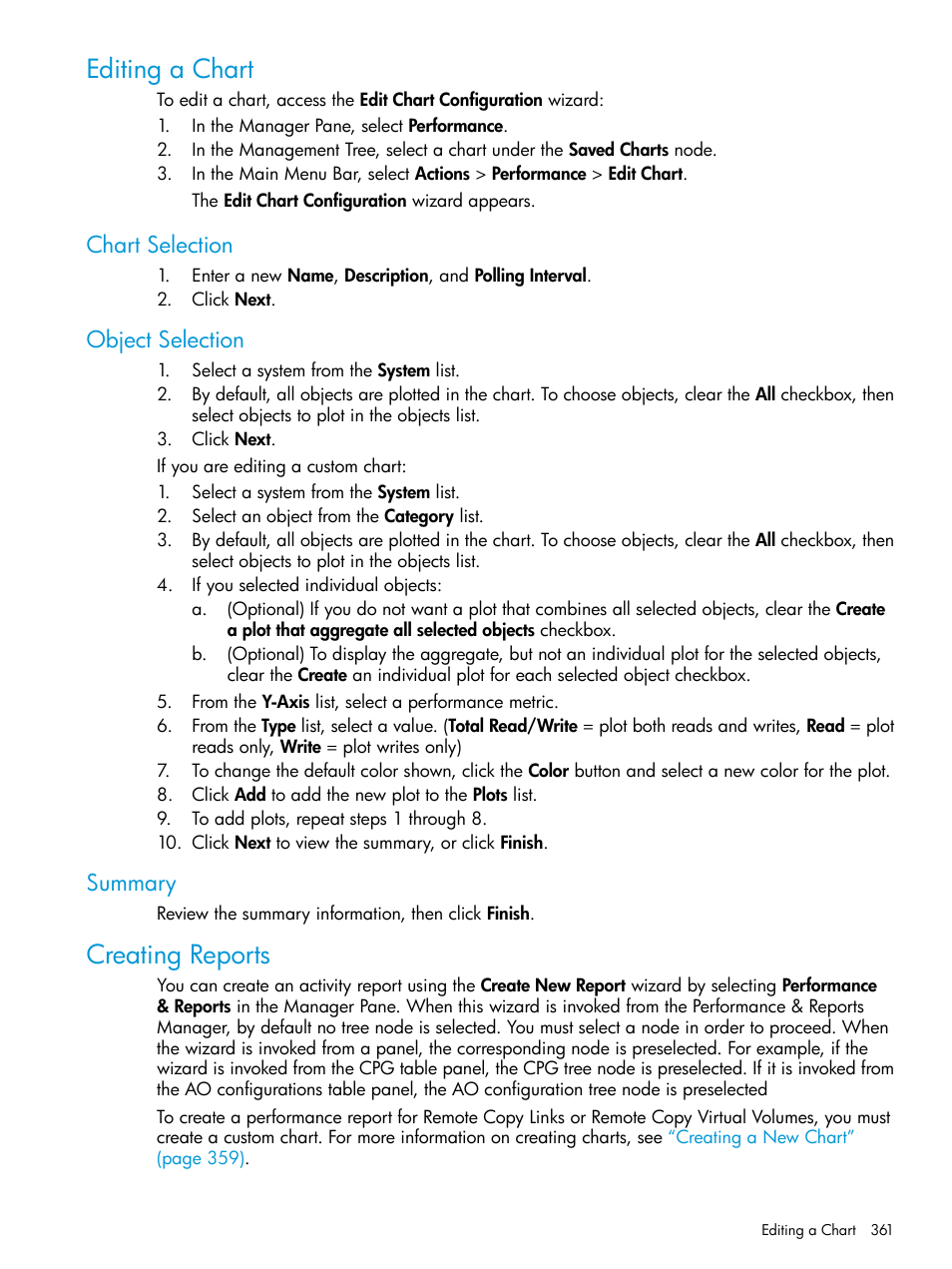 Editing a chart, Chart selection, Object selection | Summary, Creating reports, Chart selection object selection summary | HP 3PAR Operating System Software User Manual | Page 361 / 524