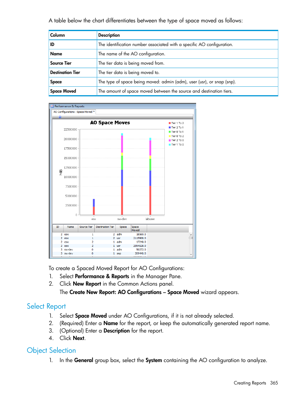 Select report, Object selection, Select report object selection | HP 3PAR Operating System Software User Manual | Page 365 / 524