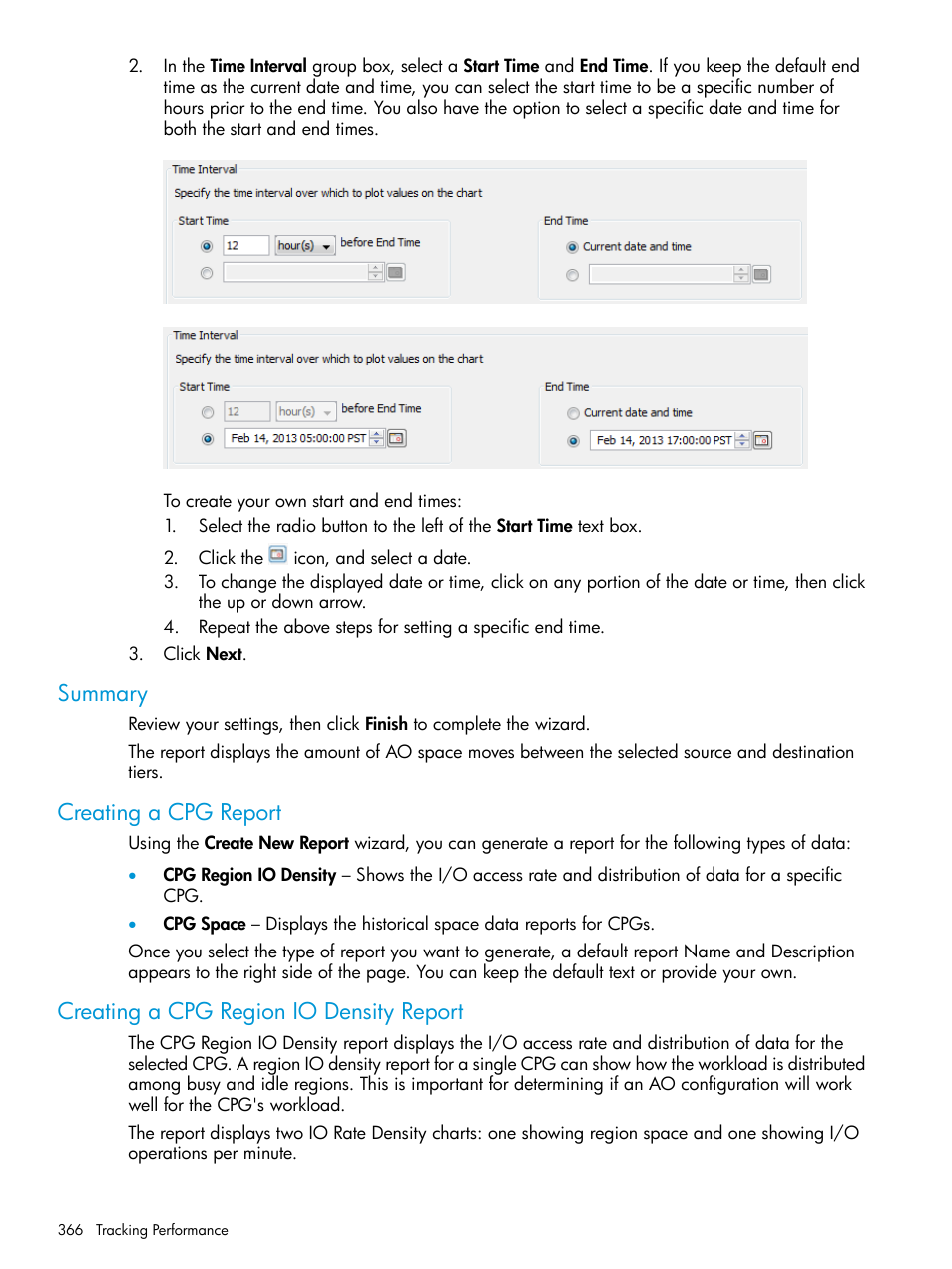 Summary, Creating a cpg report, Creating a cpg region io density report | HP 3PAR Operating System Software User Manual | Page 366 / 524