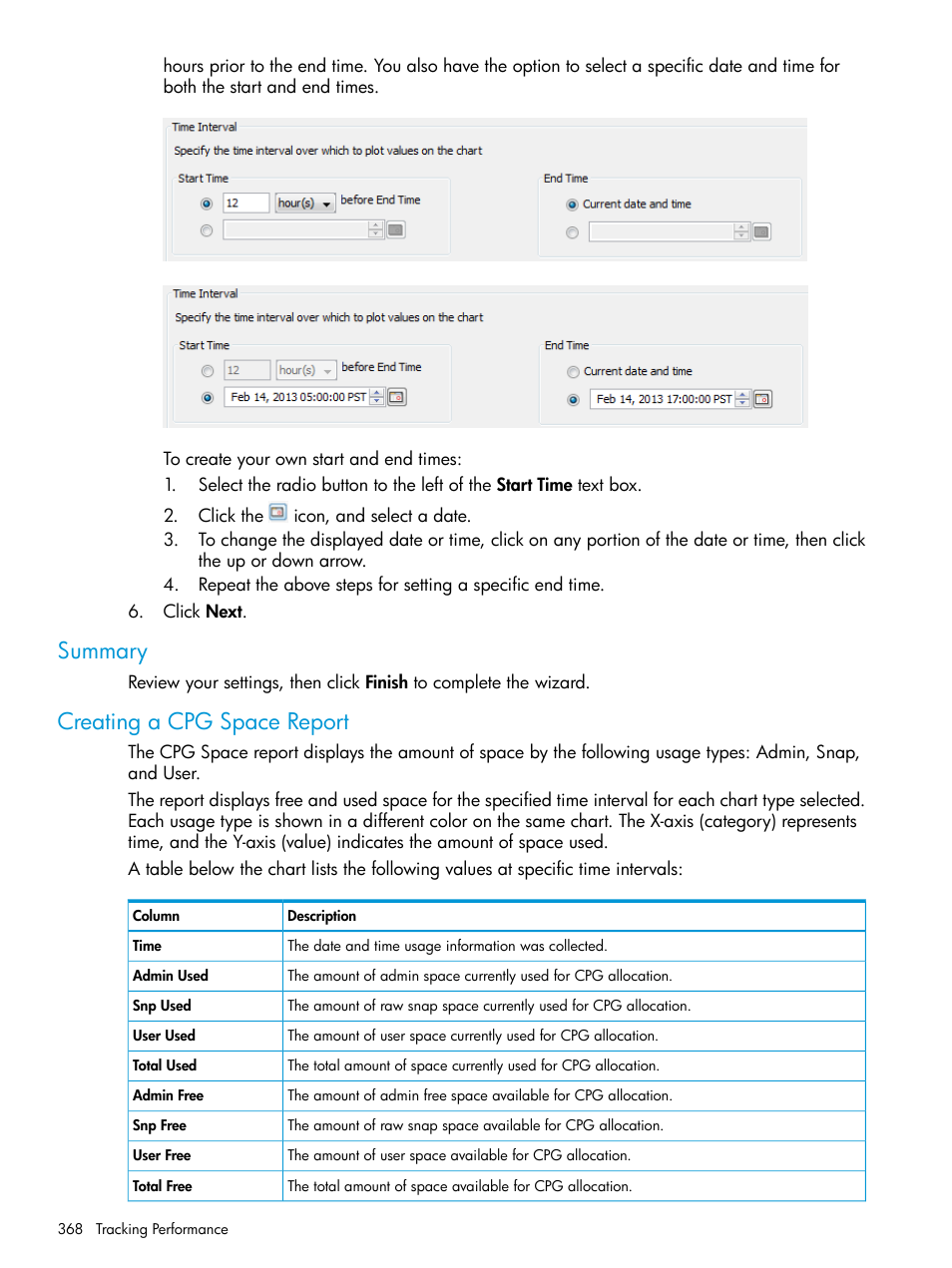 Summary, Creating a cpg space report, Summary creating a cpg space report | HP 3PAR Operating System Software User Manual | Page 368 / 524