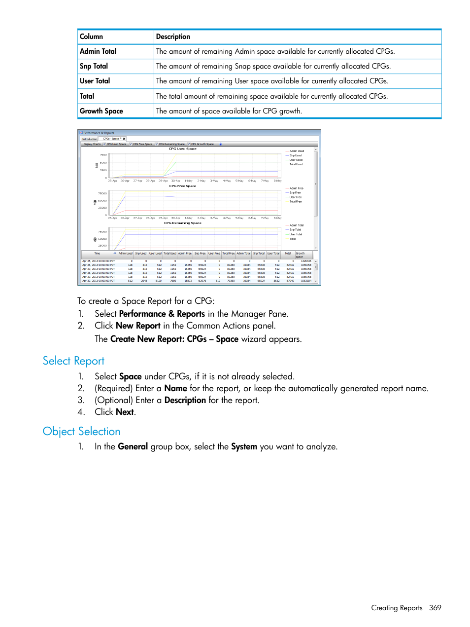 Select report, Object selection, Select report object selection | HP 3PAR Operating System Software User Manual | Page 369 / 524