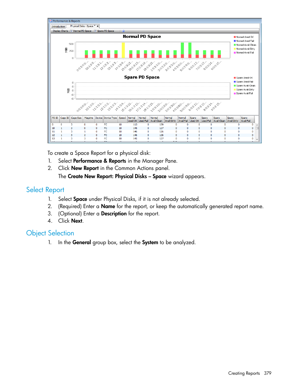 Select report, Object selection, Select report object selection | HP 3PAR Operating System Software User Manual | Page 379 / 524
