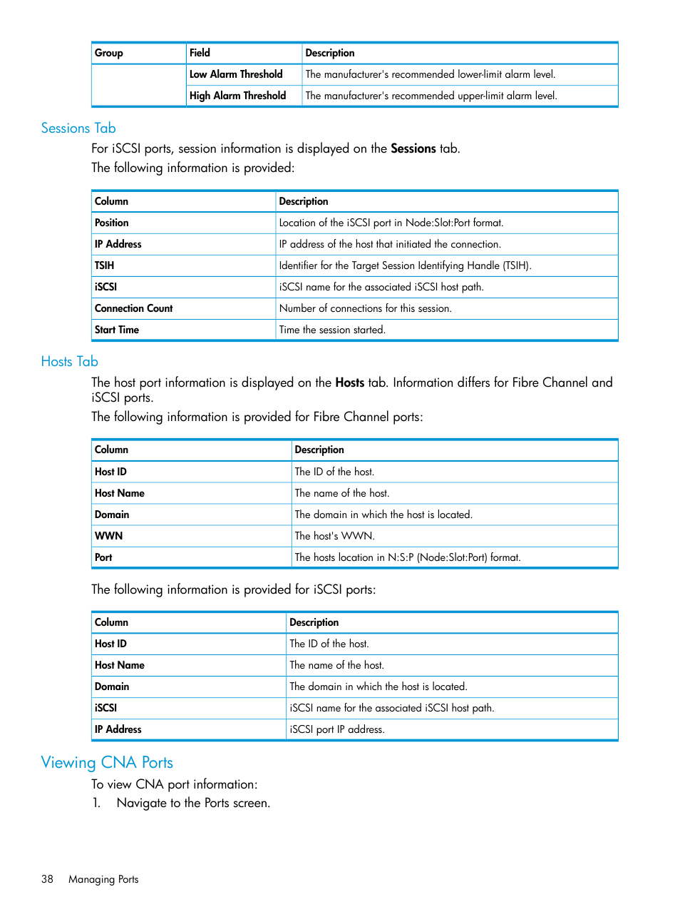 Sessions tab, Hosts tab, Viewing cna ports | Sessions tab hosts tab | HP 3PAR Operating System Software User Manual | Page 38 / 524