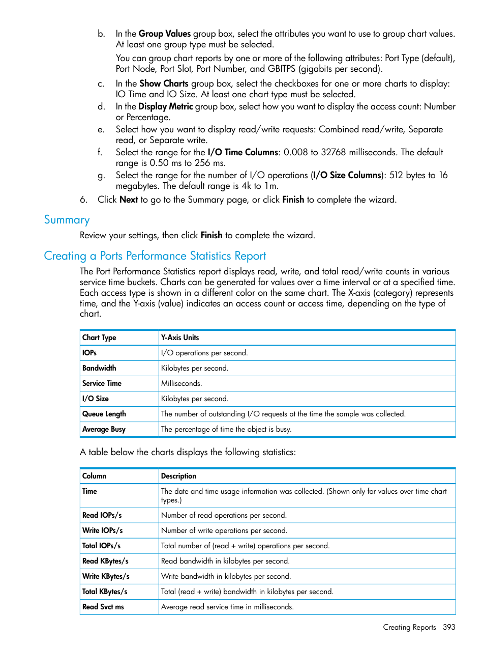 Summary, Creating a ports performance statistics report | HP 3PAR Operating System Software User Manual | Page 393 / 524