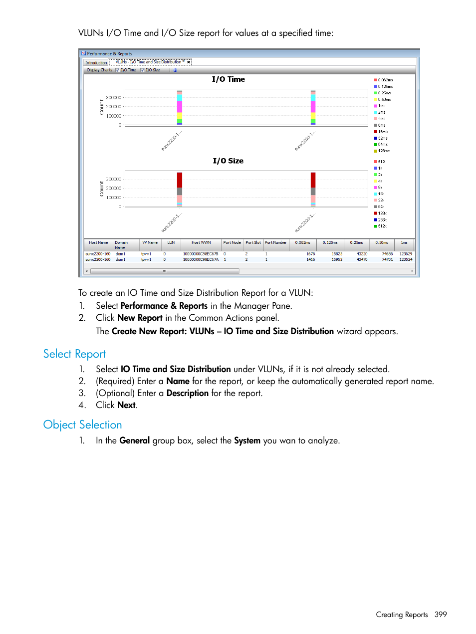 Select report, Object selection, Select report object selection | HP 3PAR Operating System Software User Manual | Page 399 / 524