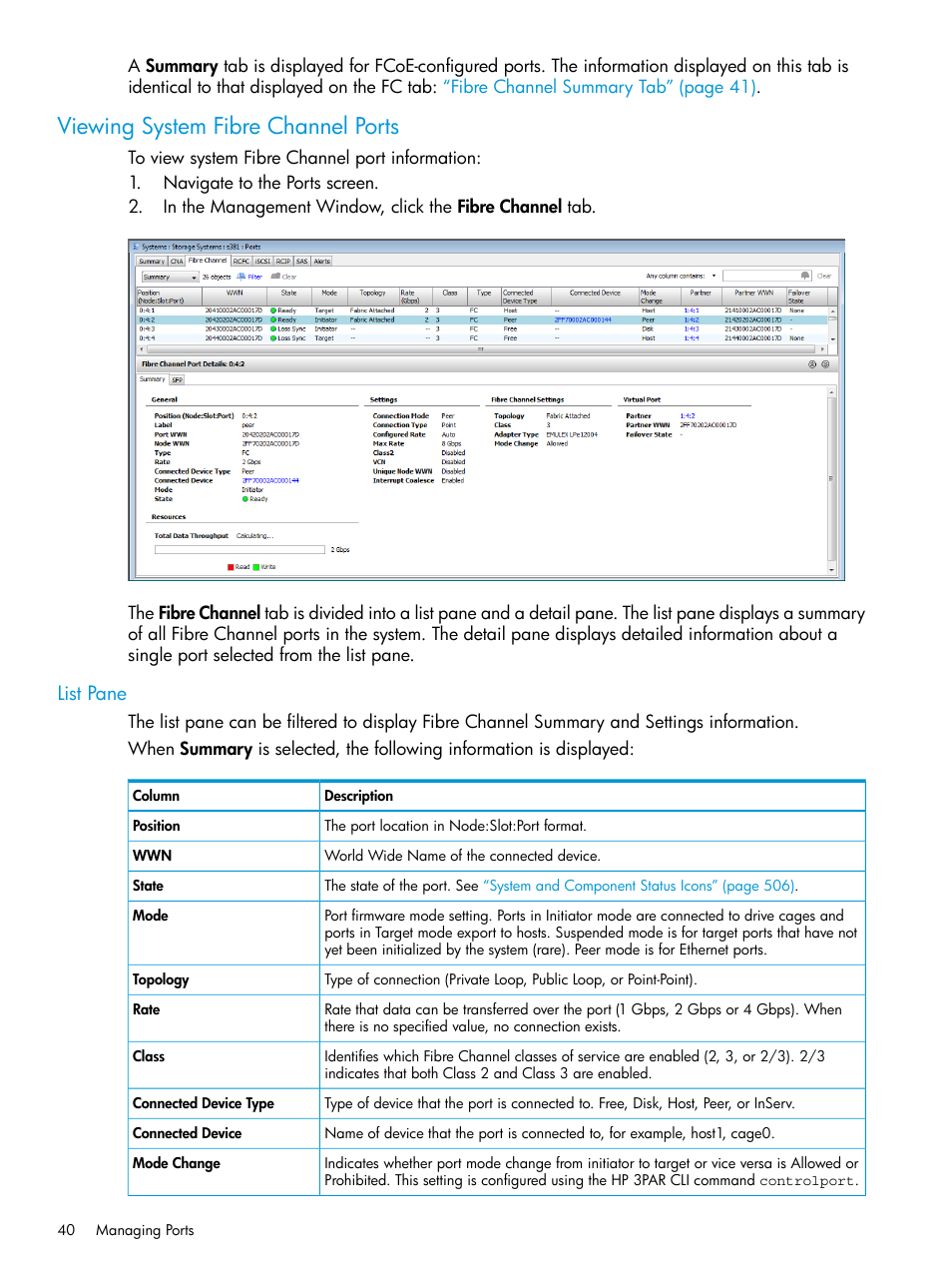 Viewing system fibre channel ports, List pane | HP 3PAR Operating System Software User Manual | Page 40 / 524