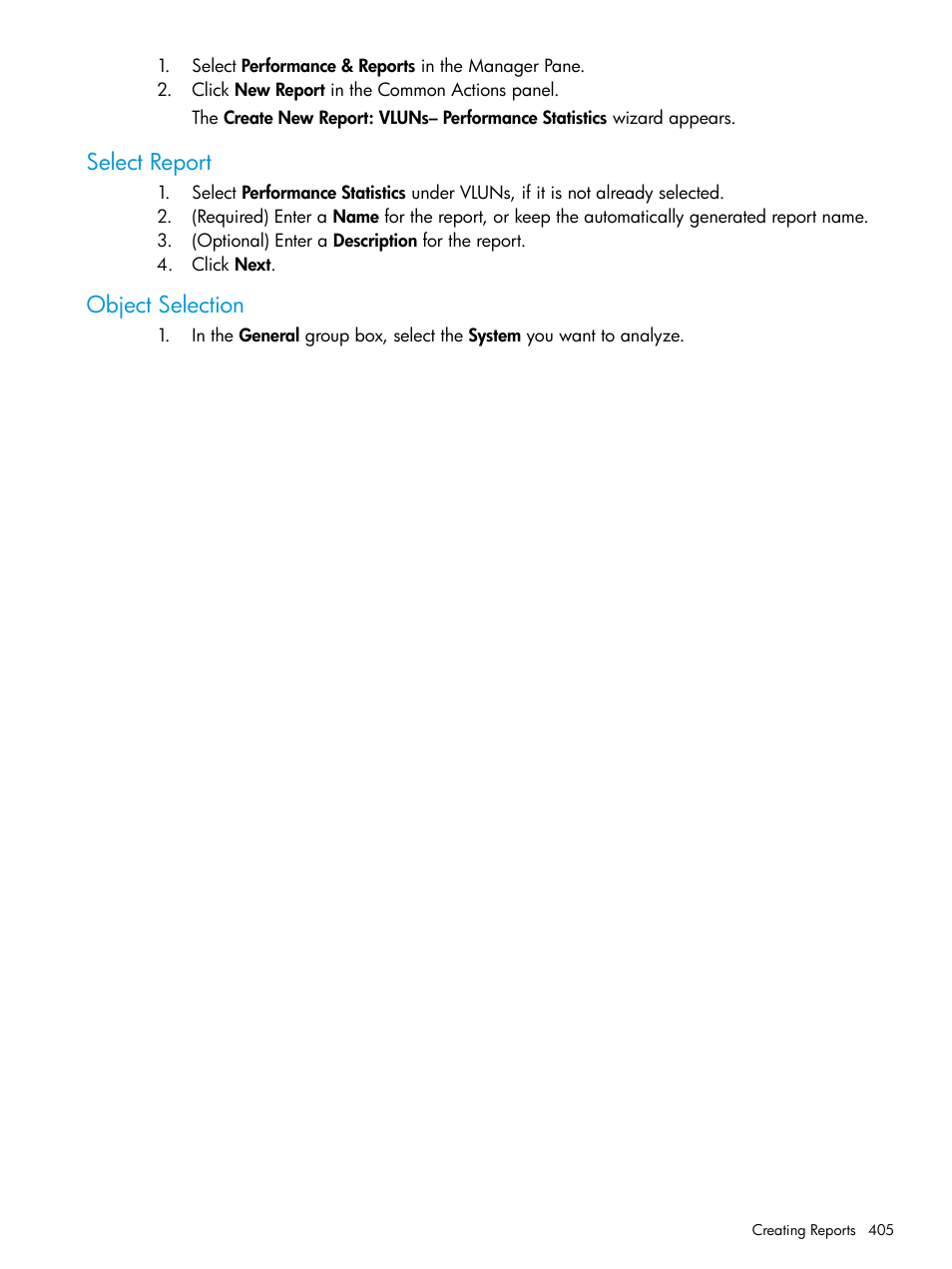 Select report, Object selection, Select report object selection | HP 3PAR Operating System Software User Manual | Page 405 / 524