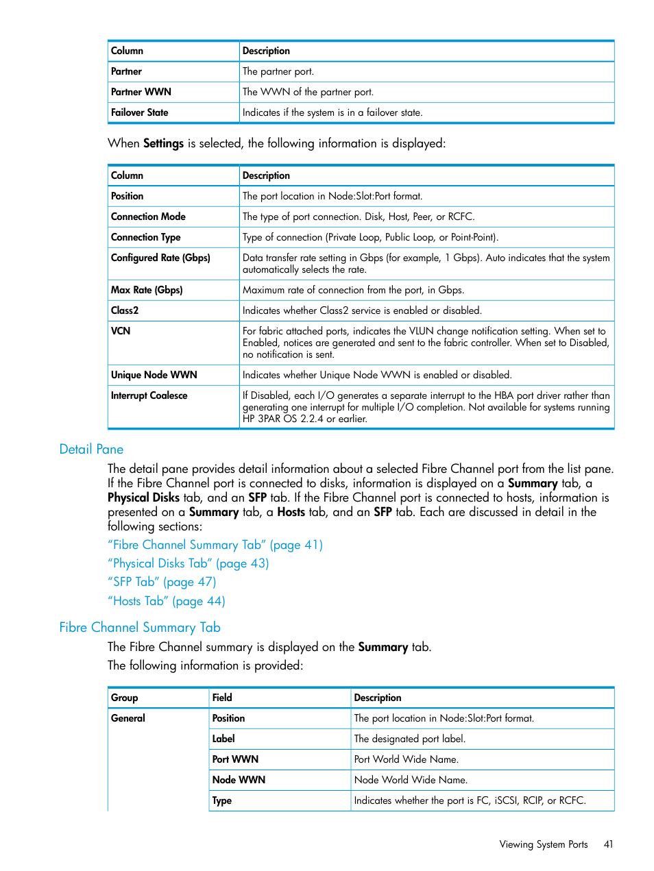 Detail pane, Fibre channel summary tab, Detail pane fibre channel summary tab | HP 3PAR Operating System Software User Manual | Page 41 / 524