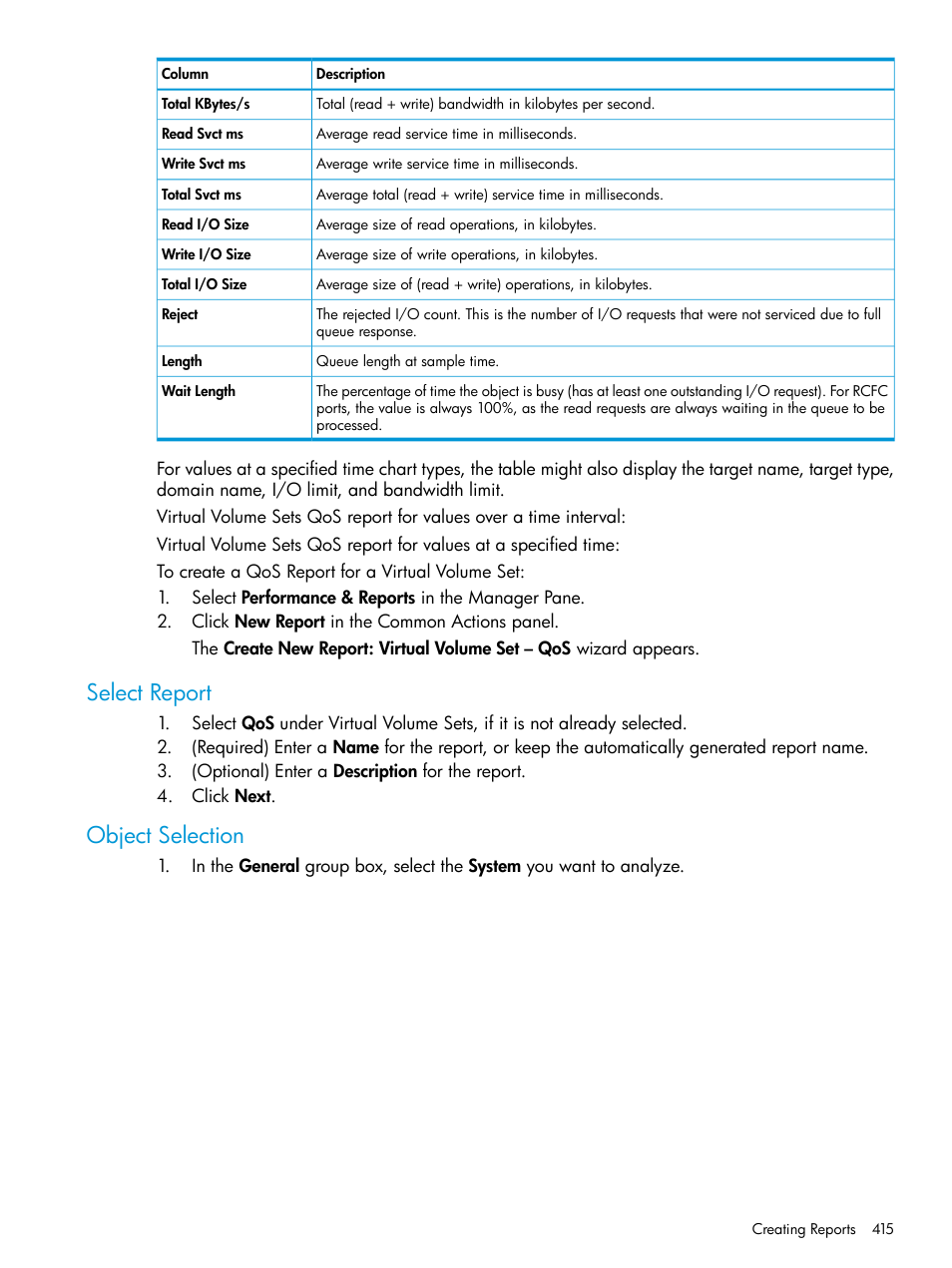 Select report, Object selection, Select report object selection | HP 3PAR Operating System Software User Manual | Page 415 / 524