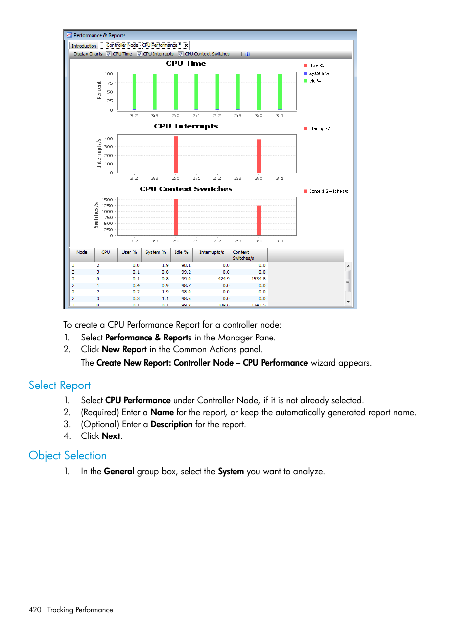 Select report, Object selection, Select report object selection | HP 3PAR Operating System Software User Manual | Page 420 / 524