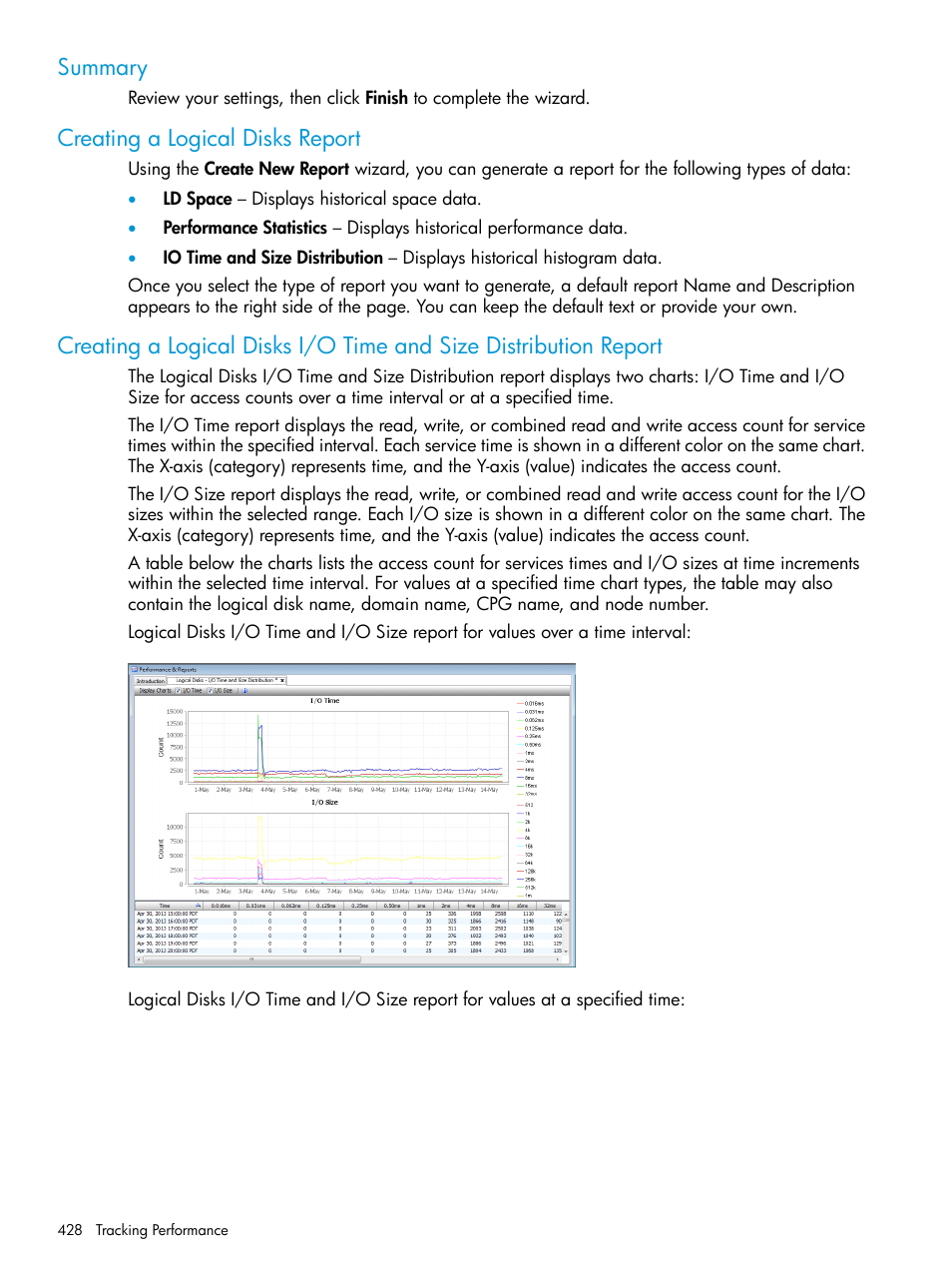 Summary, Creating a logical disks report | HP 3PAR Operating System Software User Manual | Page 428 / 524