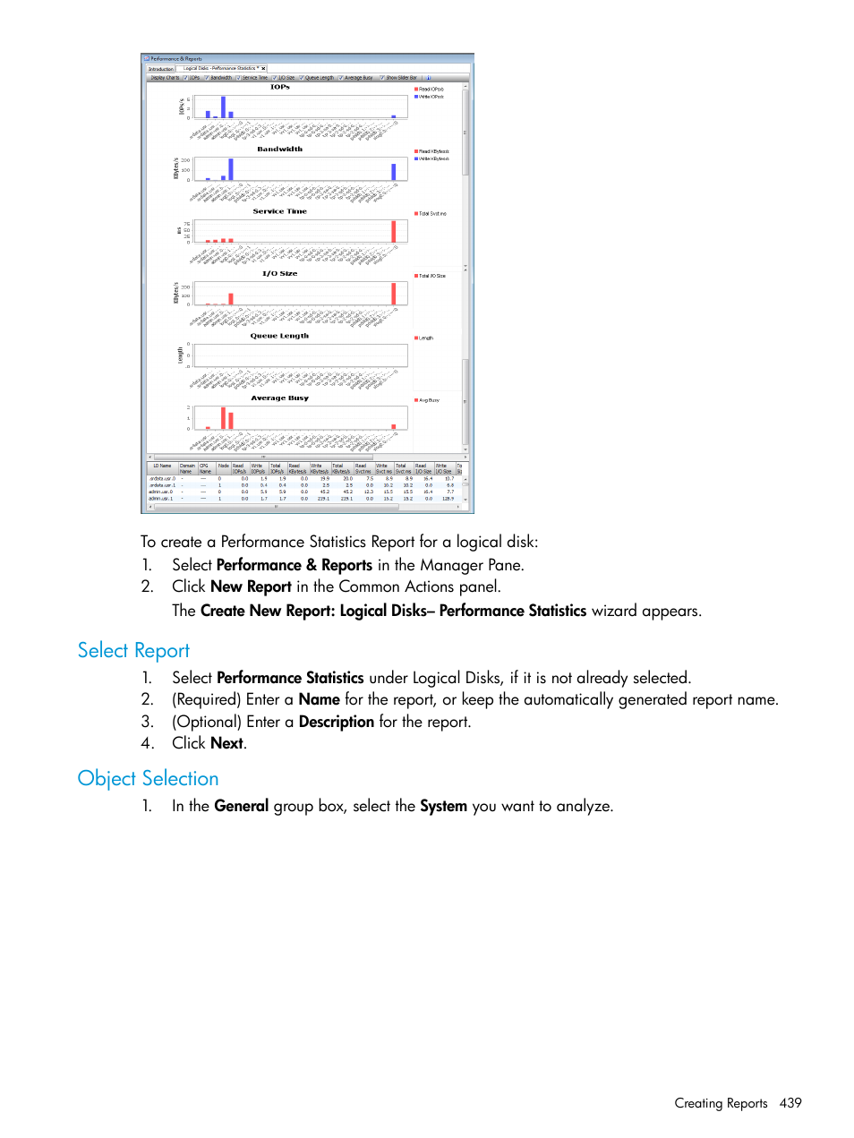 Select report, Object selection, Select report object selection | HP 3PAR Operating System Software User Manual | Page 439 / 524