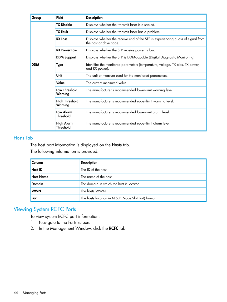 Hosts tab, Viewing system rcfc ports | HP 3PAR Operating System Software User Manual | Page 44 / 524