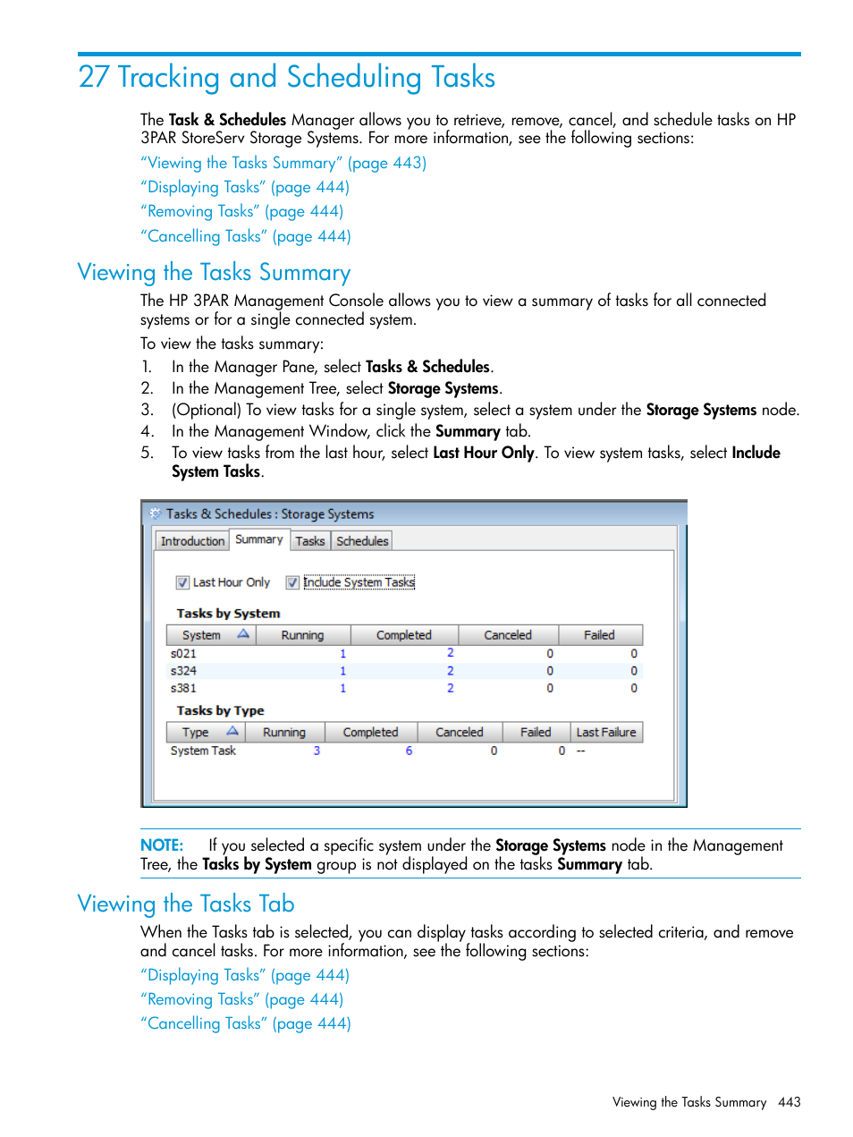 27 tracking and scheduling tasks, Viewing the tasks summary, Viewing the tasks tab | Viewing the tasks summary viewing the tasks tab | HP 3PAR Operating System Software User Manual | Page 443 / 524
