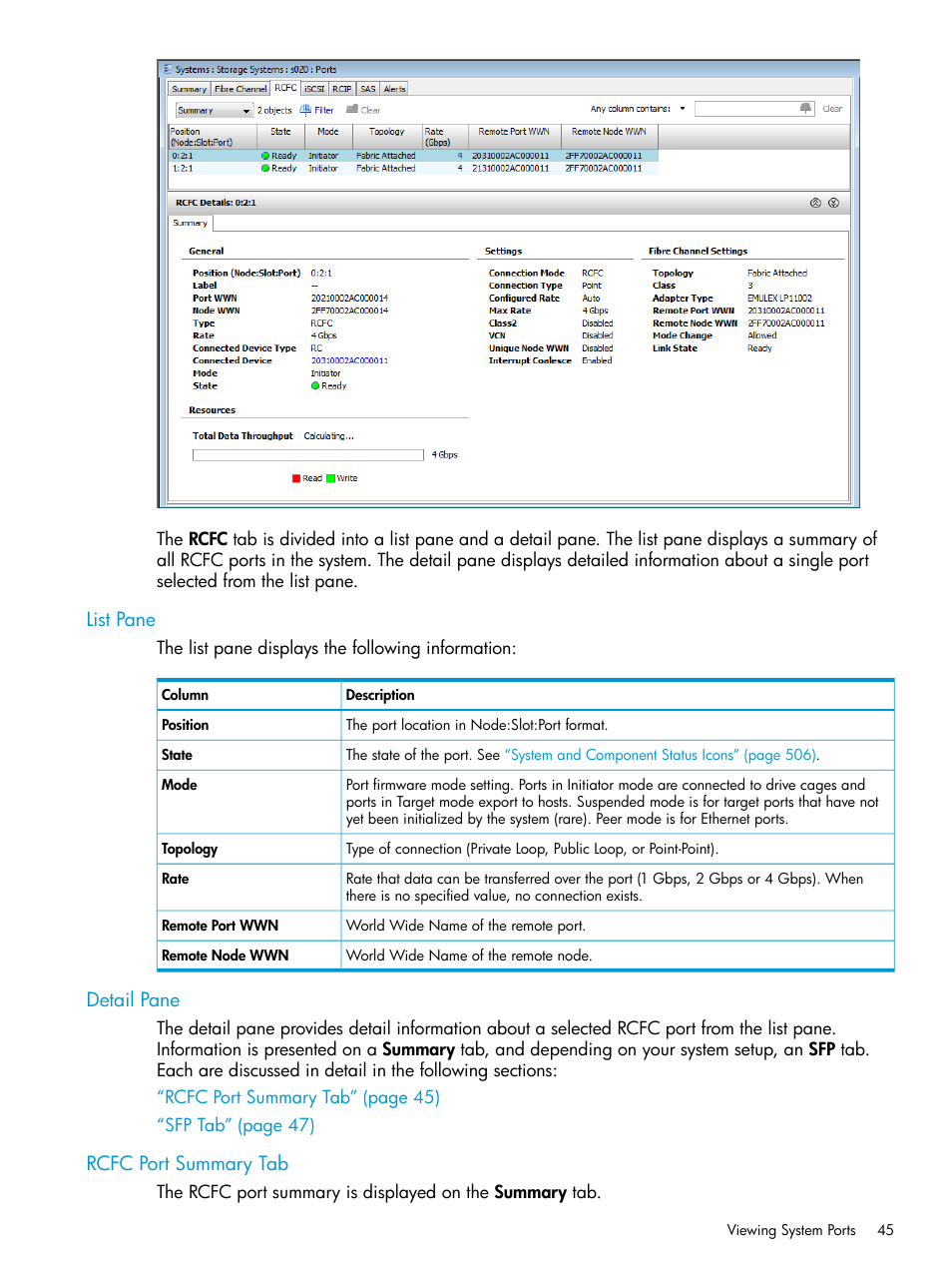 List pane, Detail pane, Rcfc port summary tab | List pane detail pane | HP 3PAR Operating System Software User Manual | Page 45 / 524