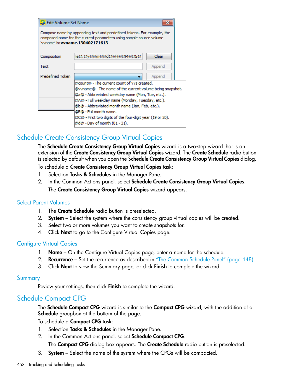 Schedule create consistency group virtual copies, Select parent volumes, Configure virtual copies | Summary, Schedule compact cpg, Schedule create consistency group | HP 3PAR Operating System Software User Manual | Page 452 / 524