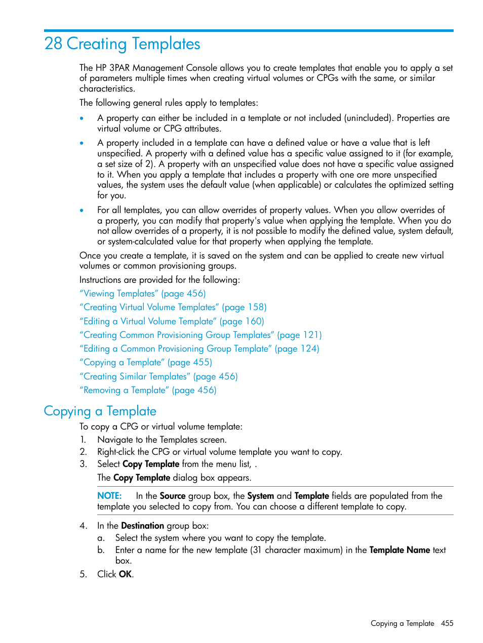 28 creating templates, Copying a template | HP 3PAR Operating System Software User Manual | Page 455 / 524