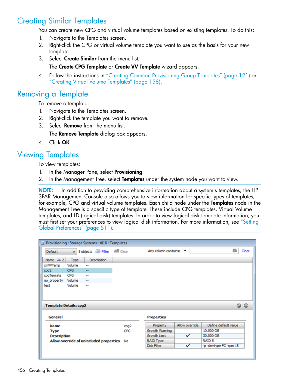 Creating similar templates, Removing a template, Viewing templates | HP 3PAR Operating System Software User Manual | Page 456 / 524