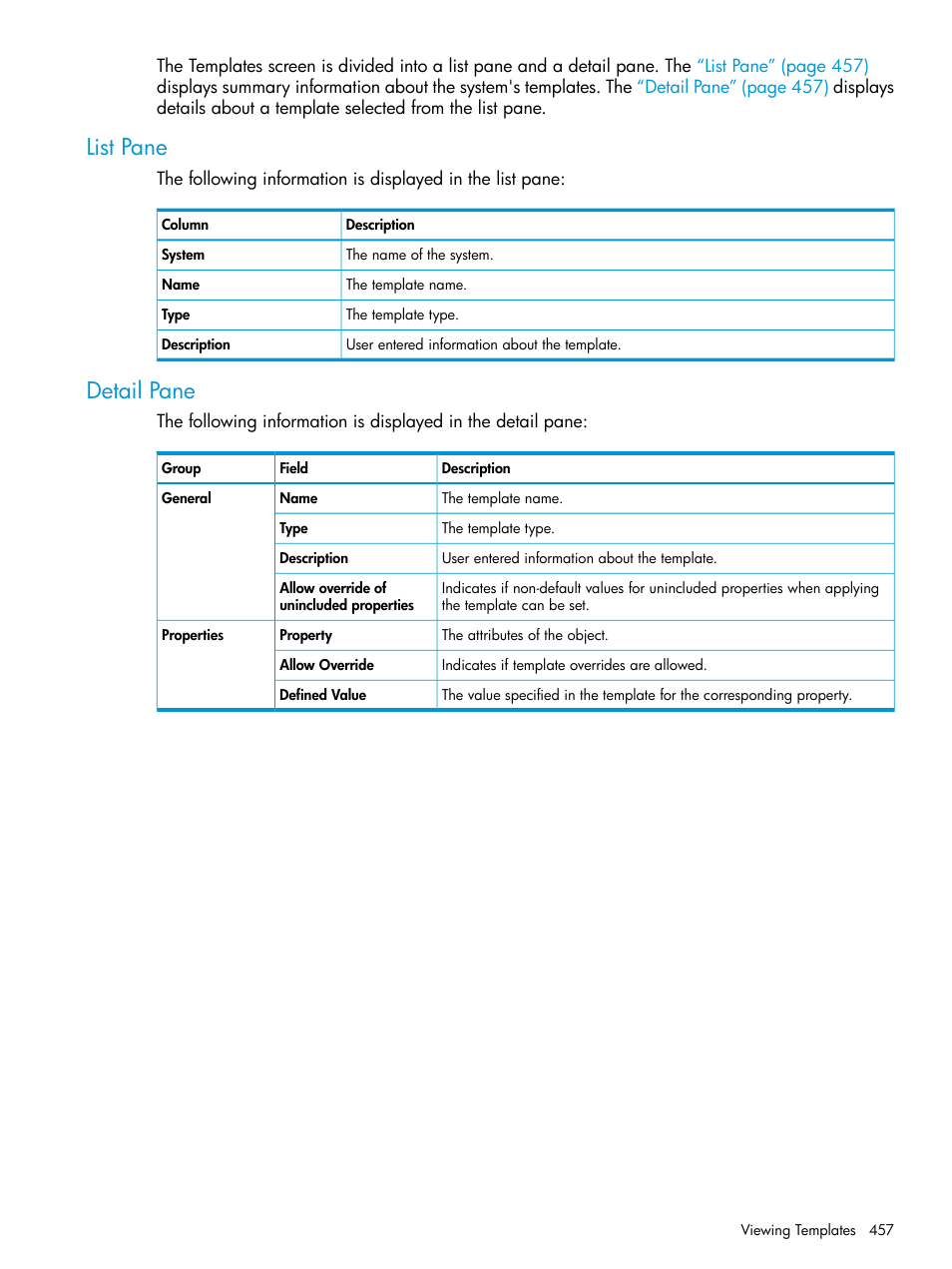 List pane, Detail pane, List pane detail pane | HP 3PAR Operating System Software User Manual | Page 457 / 524