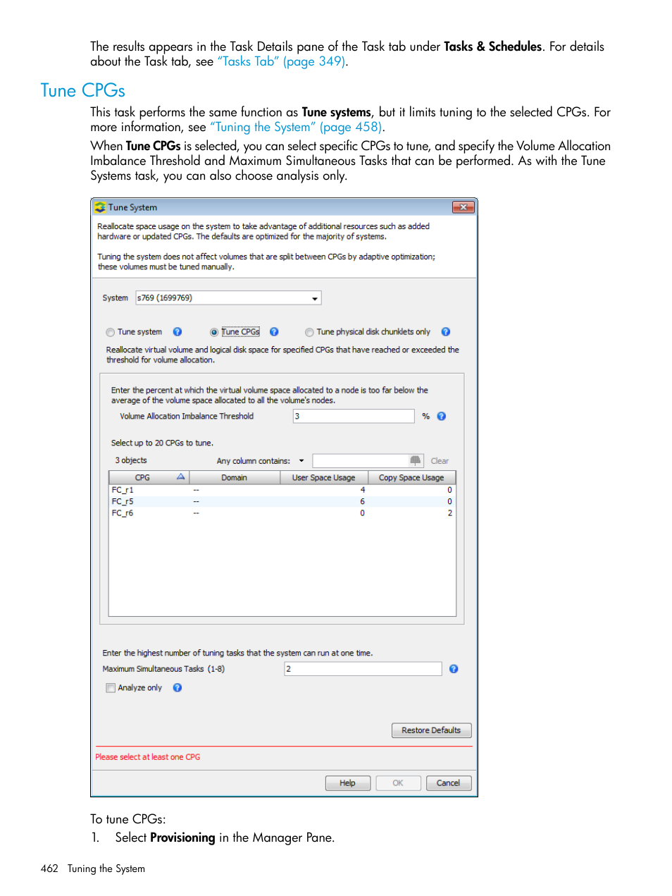 Tune cpgs | HP 3PAR Operating System Software User Manual | Page 462 / 524