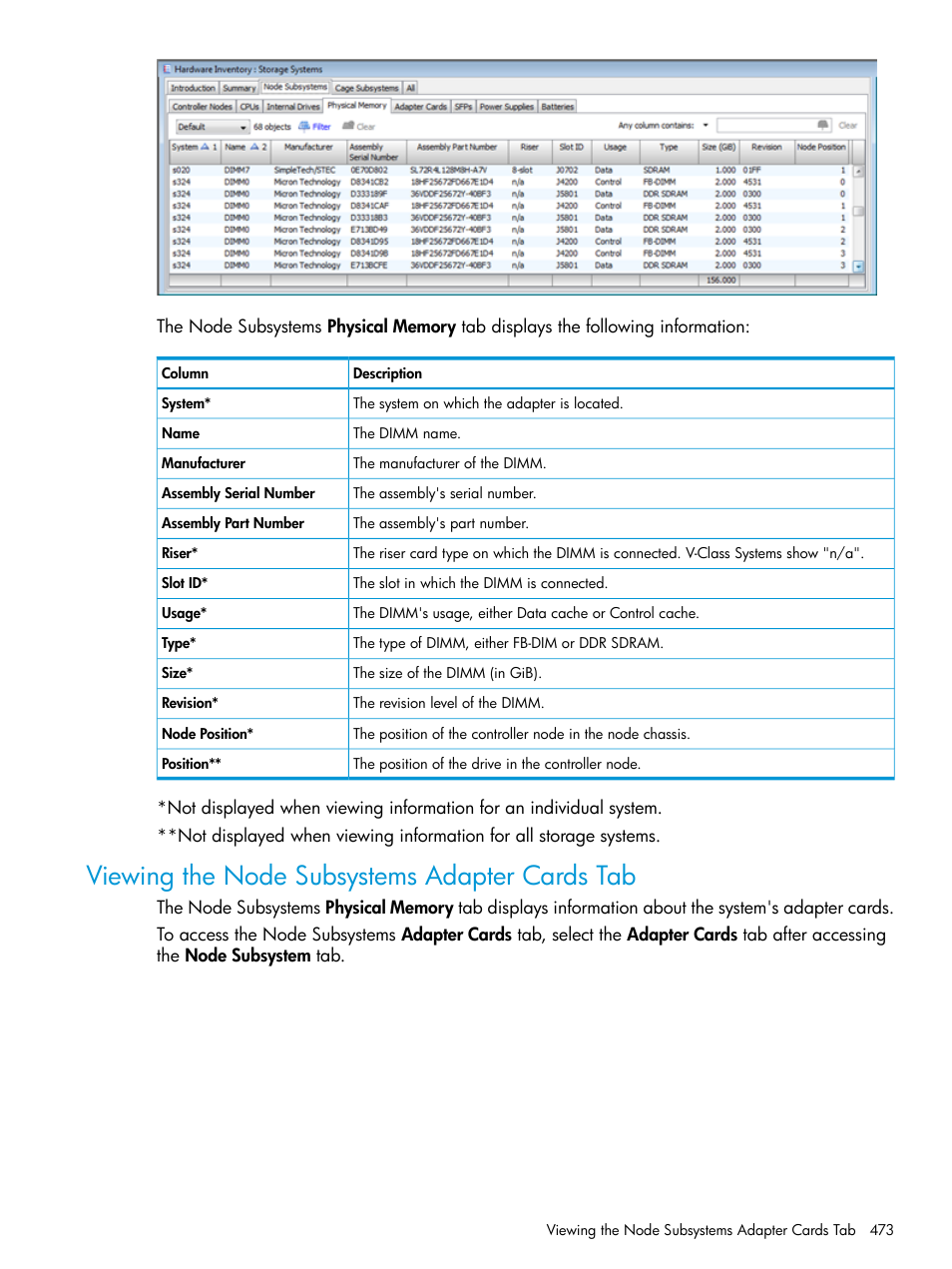 Viewing the node subsystems adapter cards tab | HP 3PAR Operating System Software User Manual | Page 473 / 524