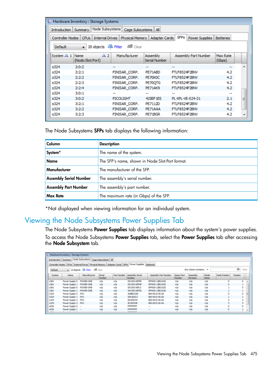 Viewing the node subsystems power supplies tab | HP 3PAR Operating System Software User Manual | Page 475 / 524