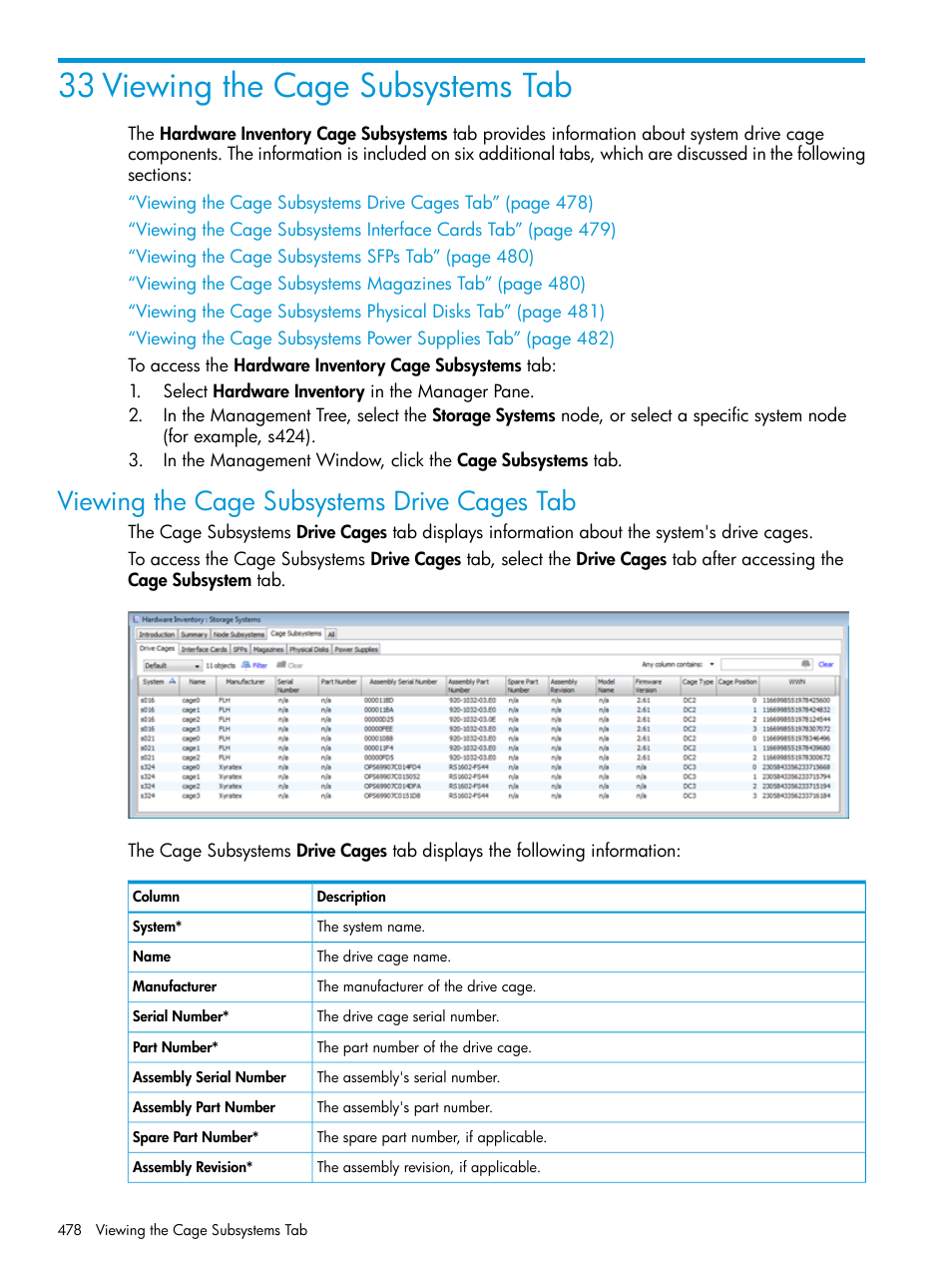 33 viewing the cage subsystems tab, Viewing the cage subsystems drive cages tab | HP 3PAR Operating System Software User Manual | Page 478 / 524