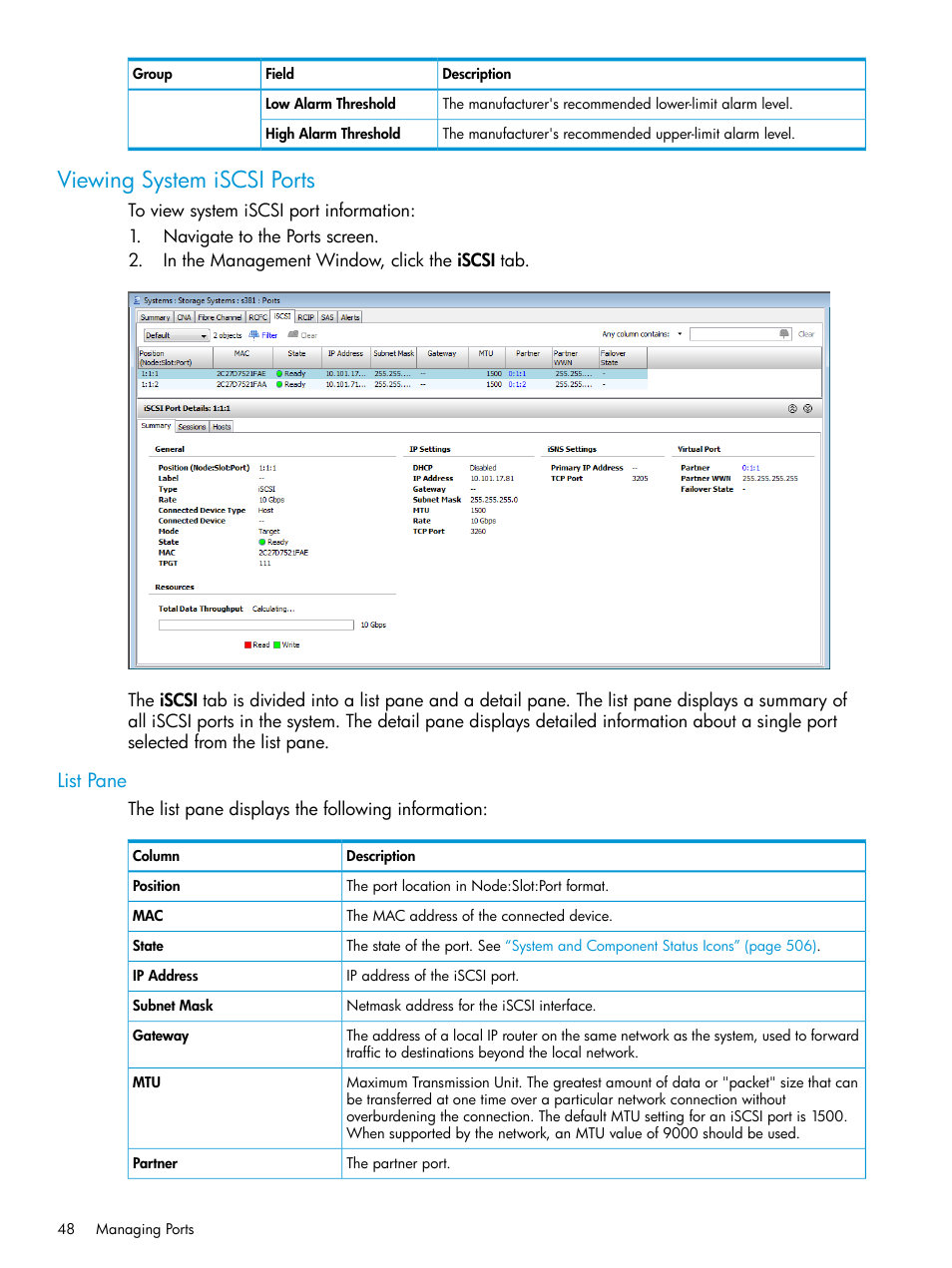 Viewing system iscsi ports, List pane | HP 3PAR Operating System Software User Manual | Page 48 / 524