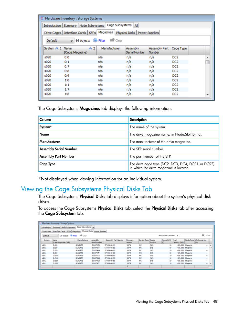 Viewing the cage subsystems physical disks tab | HP 3PAR Operating System Software User Manual | Page 481 / 524