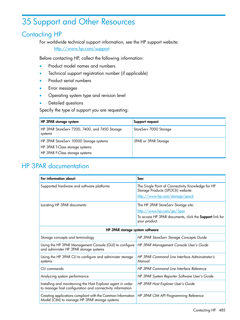 35 support and other resources, Contacting hp, Hp 3par documentation | Contacting hp hp 3par documentation | HP 3PAR Operating System Software User Manual | Page 485 / 524