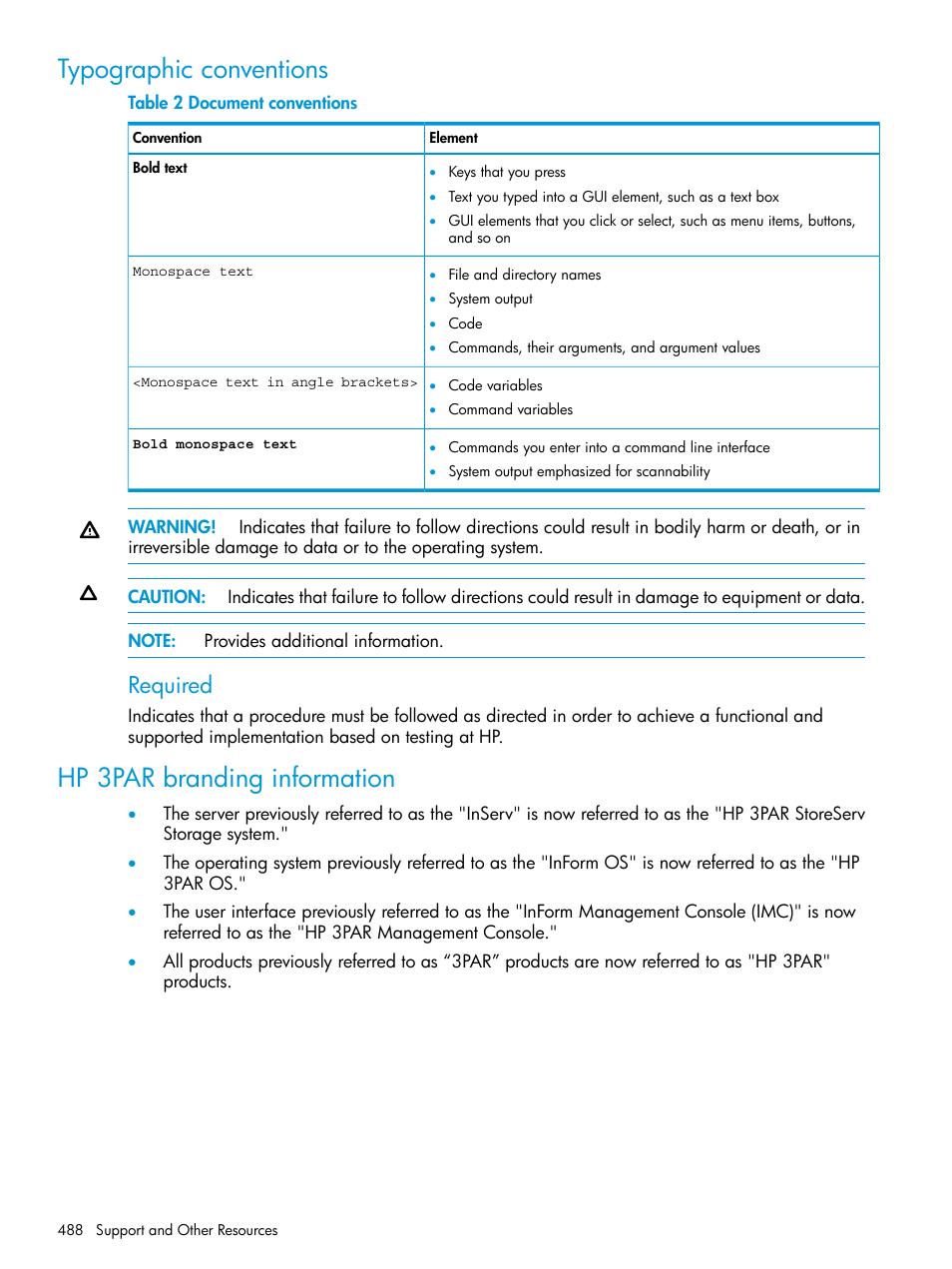 Typographic conventions, Hp 3par branding information, Required | HP 3PAR Operating System Software User Manual | Page 488 / 524