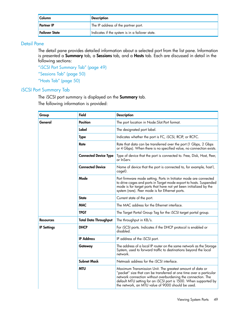 Detail pane, Iscsi port summary tab, Detail pane iscsi port summary tab | Iscsi port summary | HP 3PAR Operating System Software User Manual | Page 49 / 524