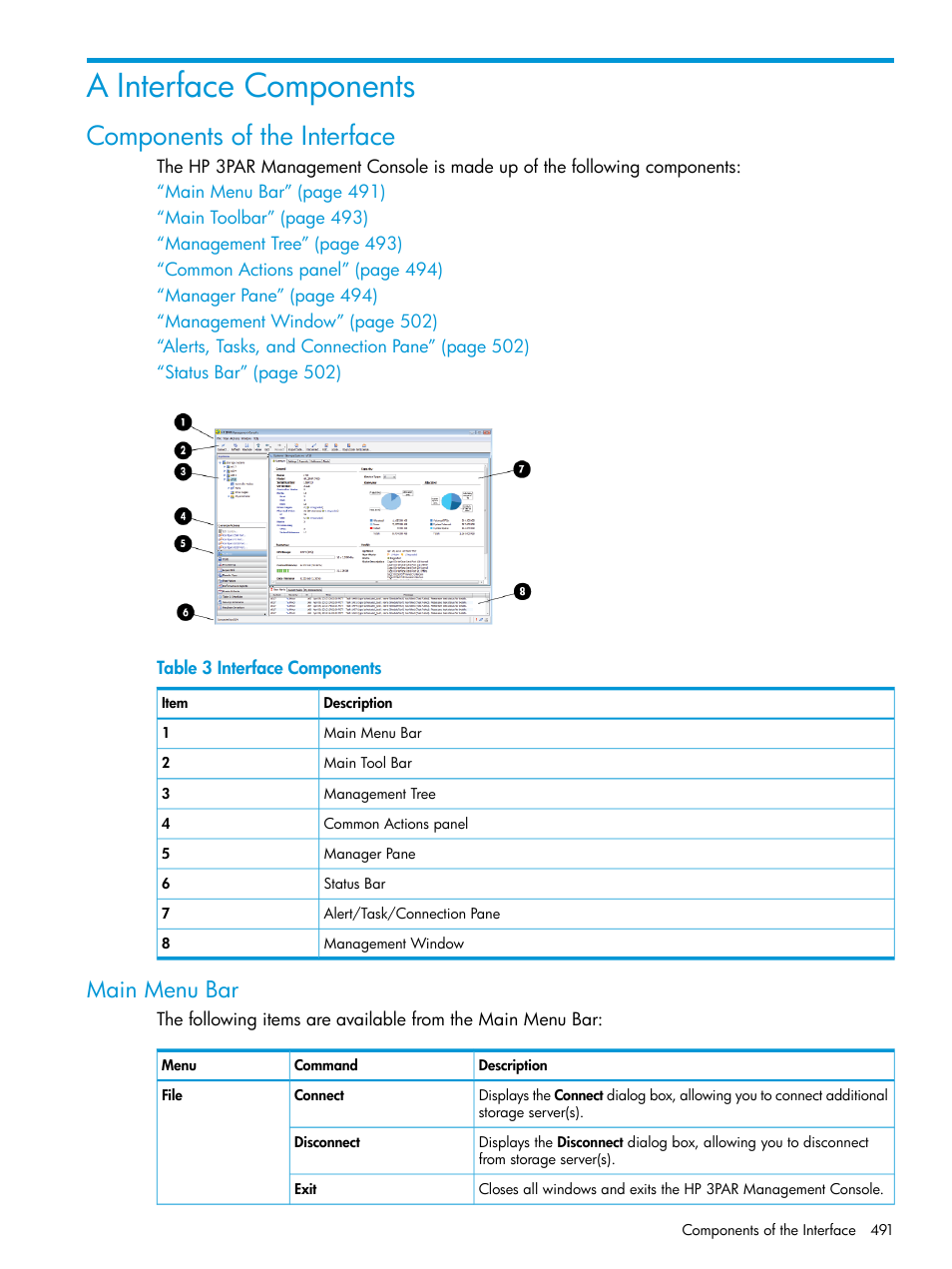 A interface components, Components of the interface, Main menu bar | HP 3PAR Operating System Software User Manual | Page 491 / 524