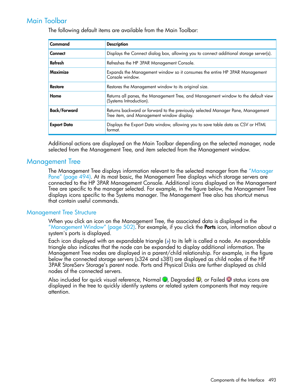 Main toolbar, Management tree, Management tree structure | Main toolbar management tree | HP 3PAR Operating System Software User Manual | Page 493 / 524