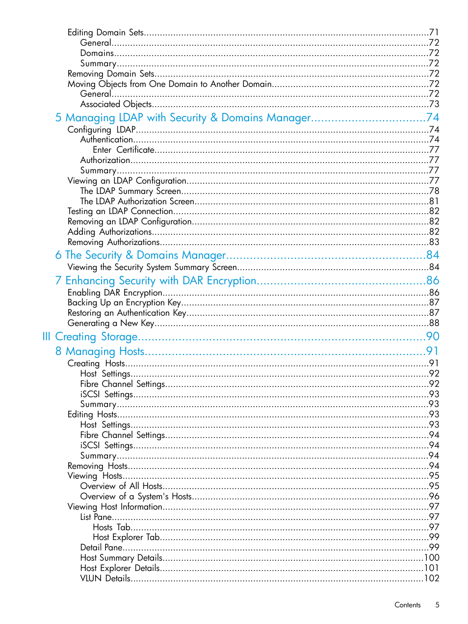 5 managing ldap with security & domains manager, 6 the security & domains manager, 7 enhancing security with dar encryption | Iii creating storage 8 managing hosts | HP 3PAR Operating System Software User Manual | Page 5 / 524