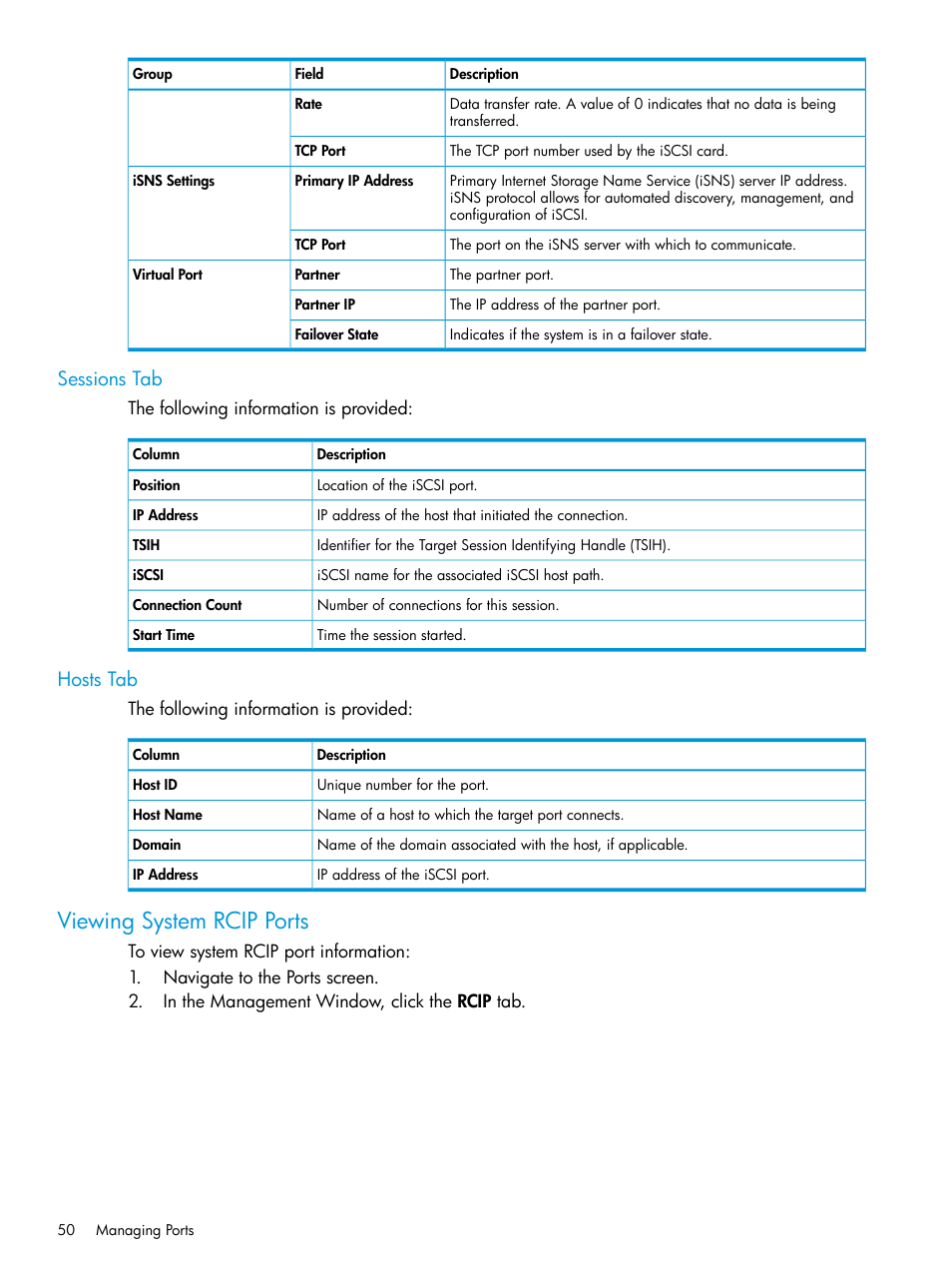 Sessions tab, Hosts tab, Viewing system rcip ports | Sessions tab hosts tab | HP 3PAR Operating System Software User Manual | Page 50 / 524