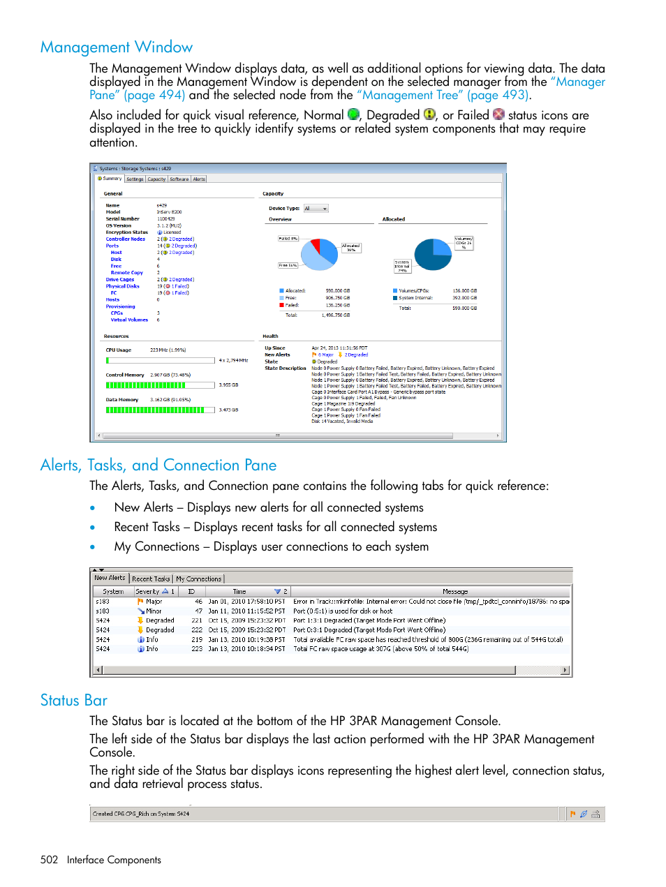 Management window, Alerts, tasks, and connection pane, Status bar | Alerts, tasks, and, Alerts, Alerts, tasks | HP 3PAR Operating System Software User Manual | Page 502 / 524