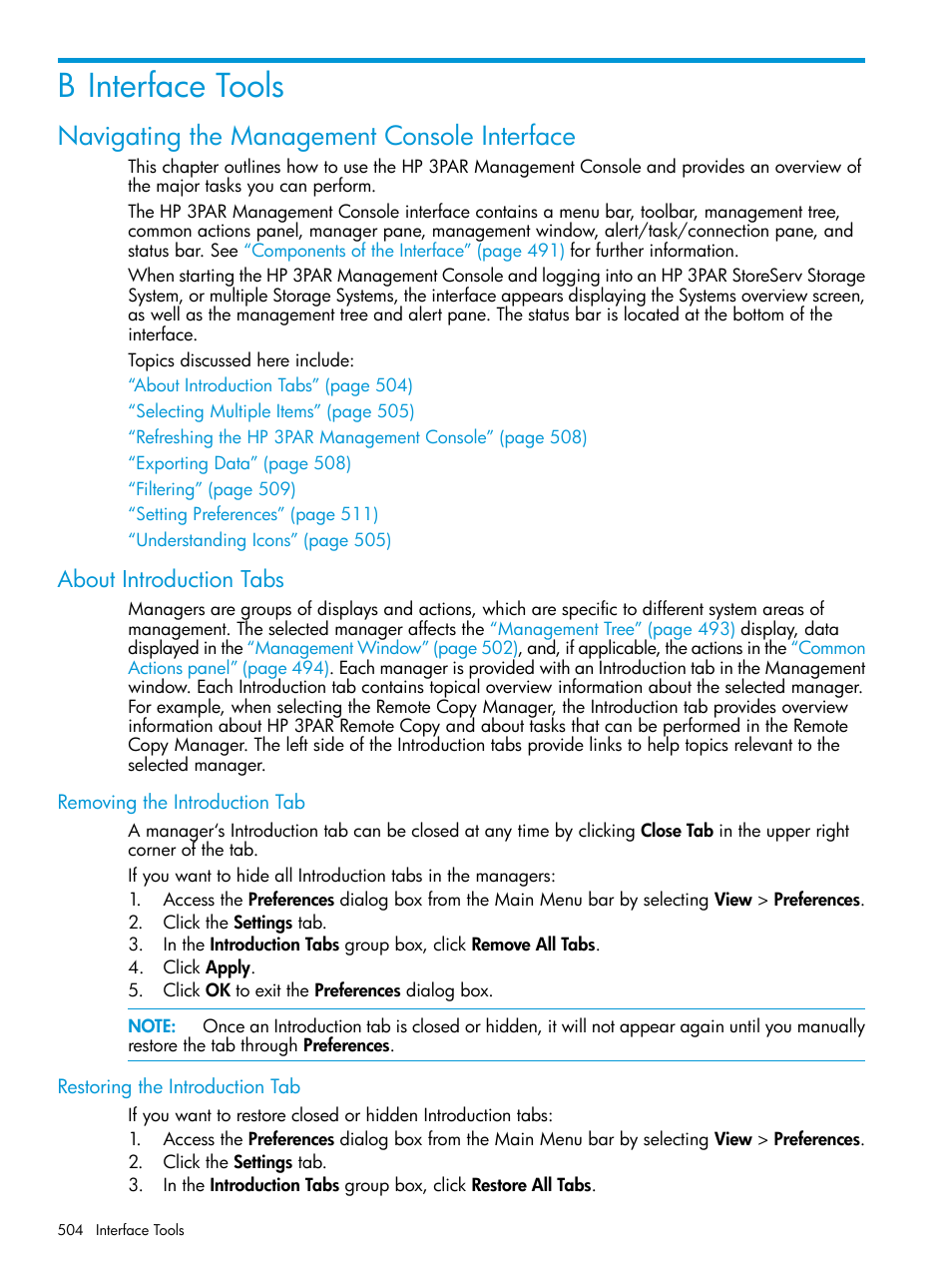 B interface tools, Navigating the management console interface, About introduction tabs | Removing the introduction tab, Restoring the introduction tab | HP 3PAR Operating System Software User Manual | Page 504 / 524