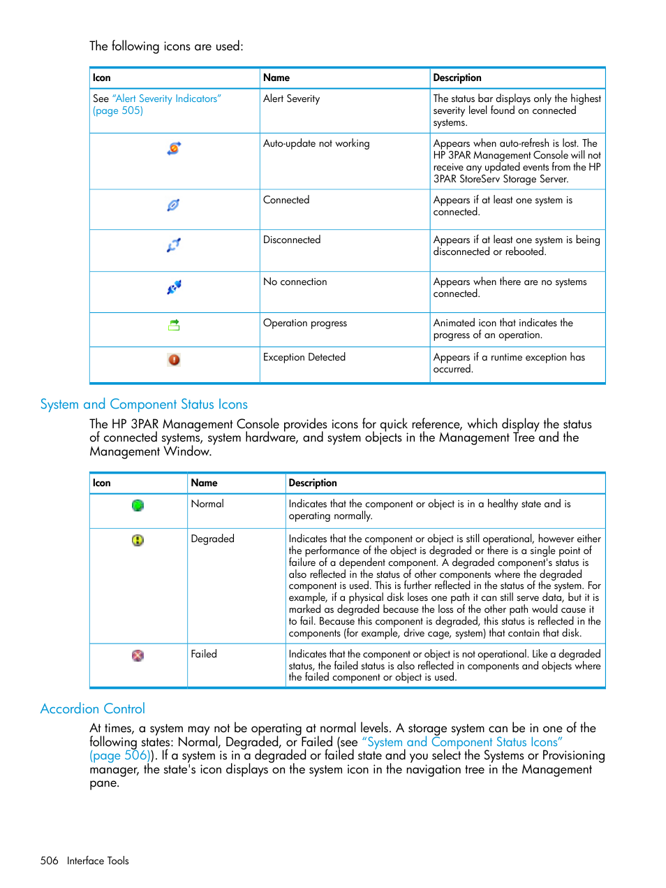 System and component status icons, Accordion control, System and component | System, System and, System and component status | HP 3PAR Operating System Software User Manual | Page 506 / 524