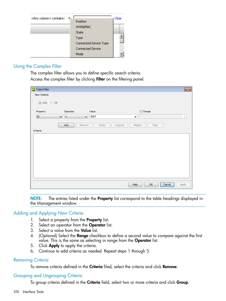 Using the complex filter, Adding and applying new criteria, Removing criteria | Grouping and ungrouping criteria | HP 3PAR Operating System Software User Manual | Page 510 / 524