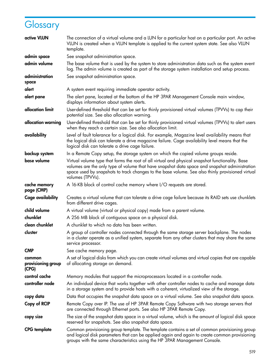 Glossary | HP 3PAR Operating System Software User Manual | Page 519 / 524