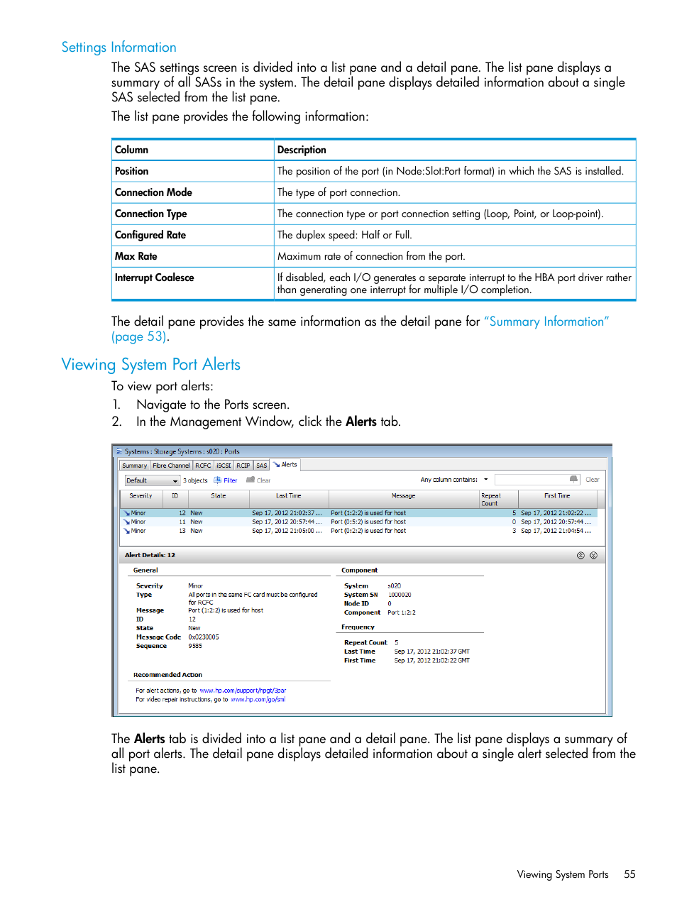 Settings information, Viewing system port alerts | HP 3PAR Operating System Software User Manual | Page 55 / 524